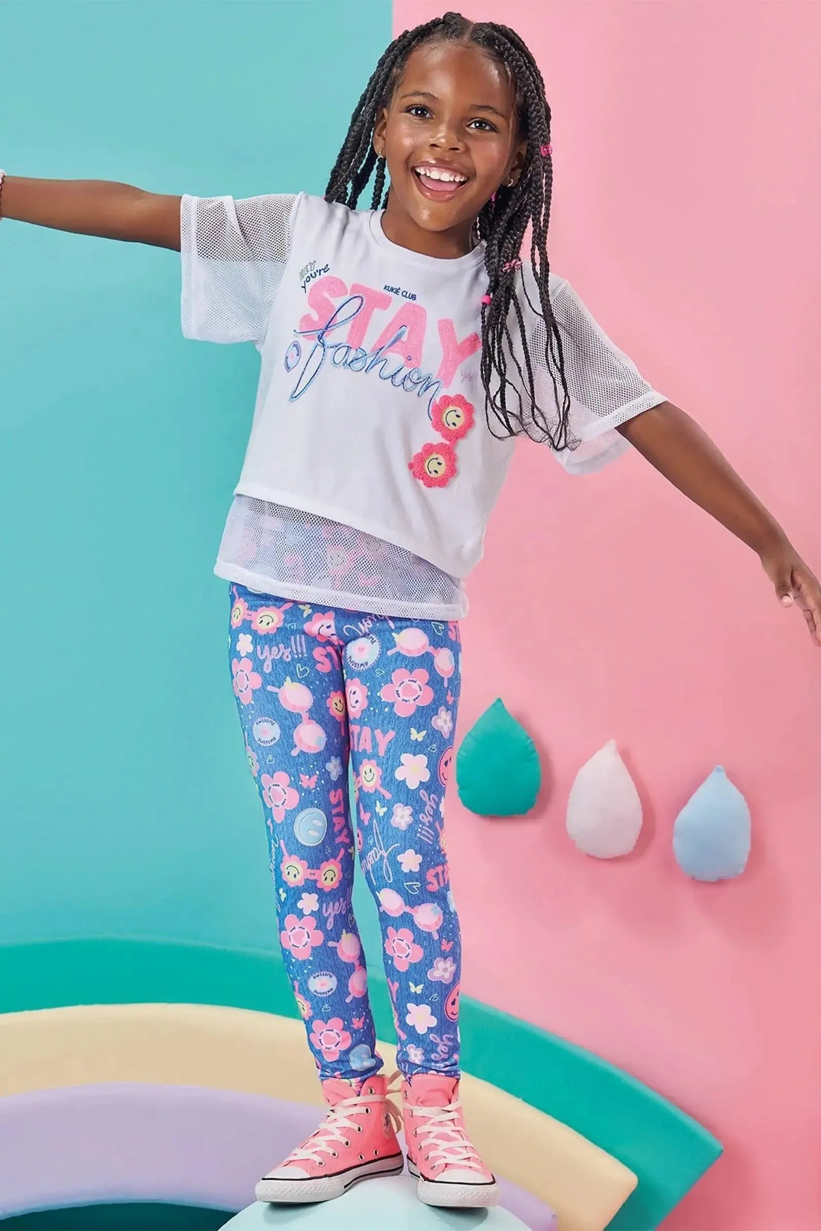 Conjunto de Blusa Alongada em Meia Malha e Tela e Legging em Malha Power 84076 Kukiê Infantil Menina