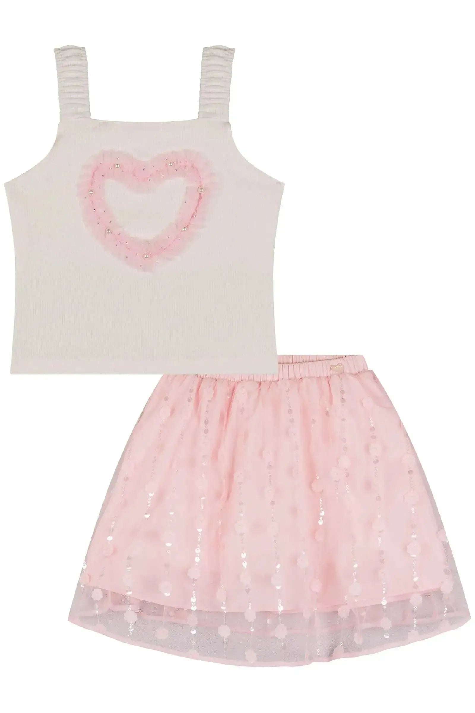 Conjunto de Blusa Boxy em Canelado e Saia em Tule Bordado (com Shorts Embutido) 83461 Kukiê Infantil Menina