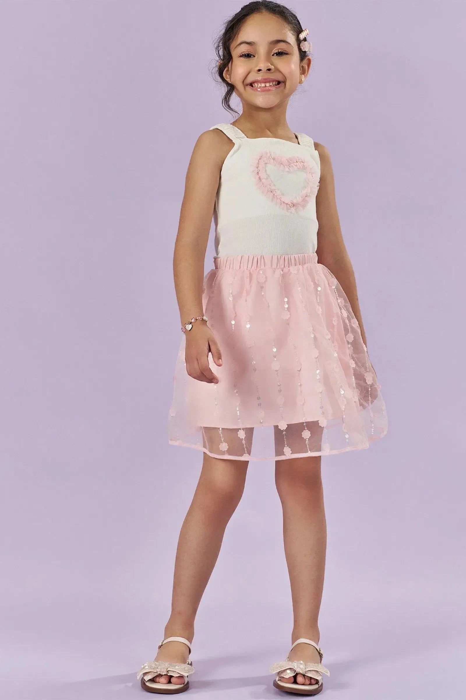 Conjunto de Blusa Boxy em Canelado e Saia em Tule Bordado (com Shorts Embutido) 83461 Kukiê Infantil Menina