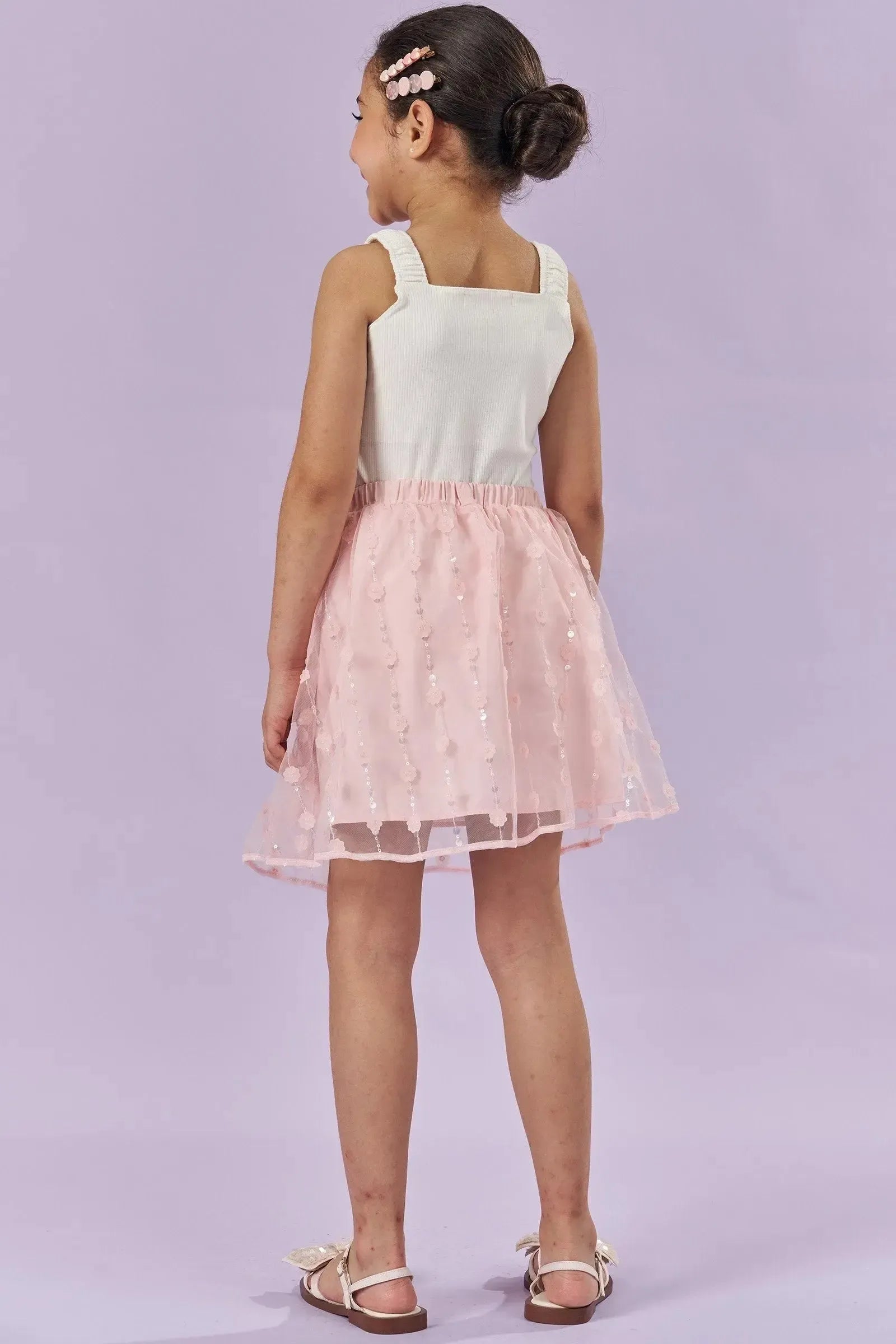 Conjunto de Blusa Boxy em Canelado e Saia em Tule Bordado (com Shorts Embutido) 83461 Kukiê Infantil Menina