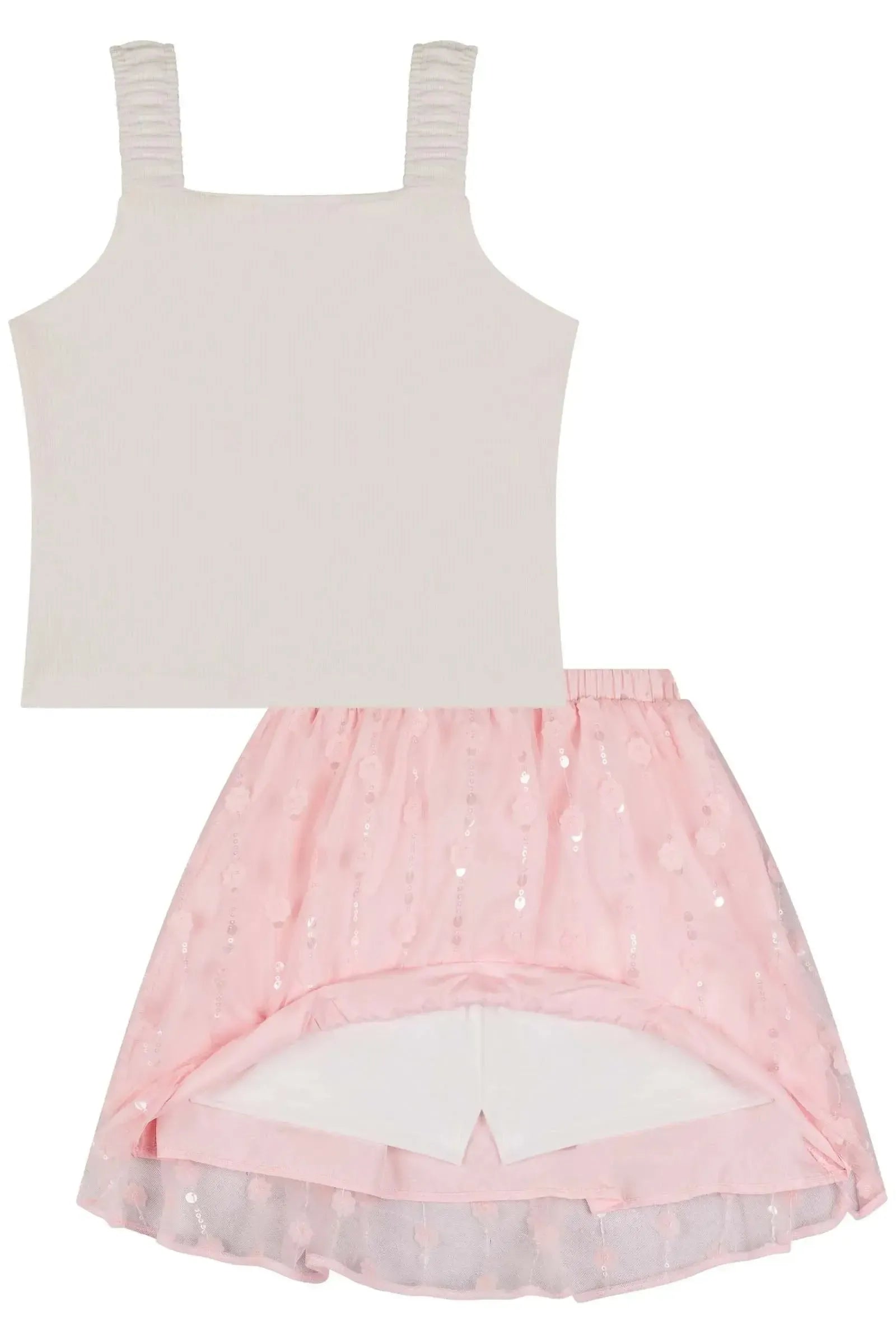 Conjunto de Blusa Boxy em Canelado e Saia em Tule Bordado (com Shorts Embutido) 83461 Kukiê Infantil Menina