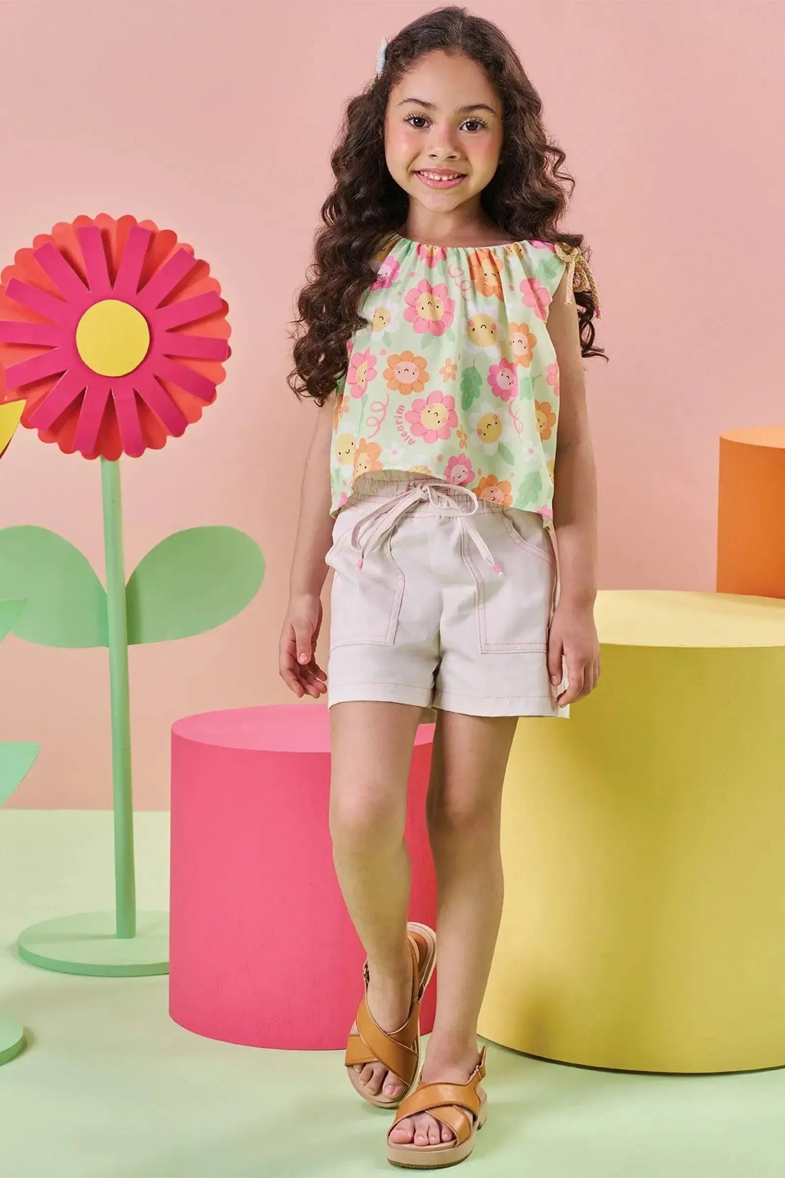 Conjunto de Blusa Boxy em Light Peach e Shorts em Sarja com Elastano 84749 Kukiê Infantil Menina