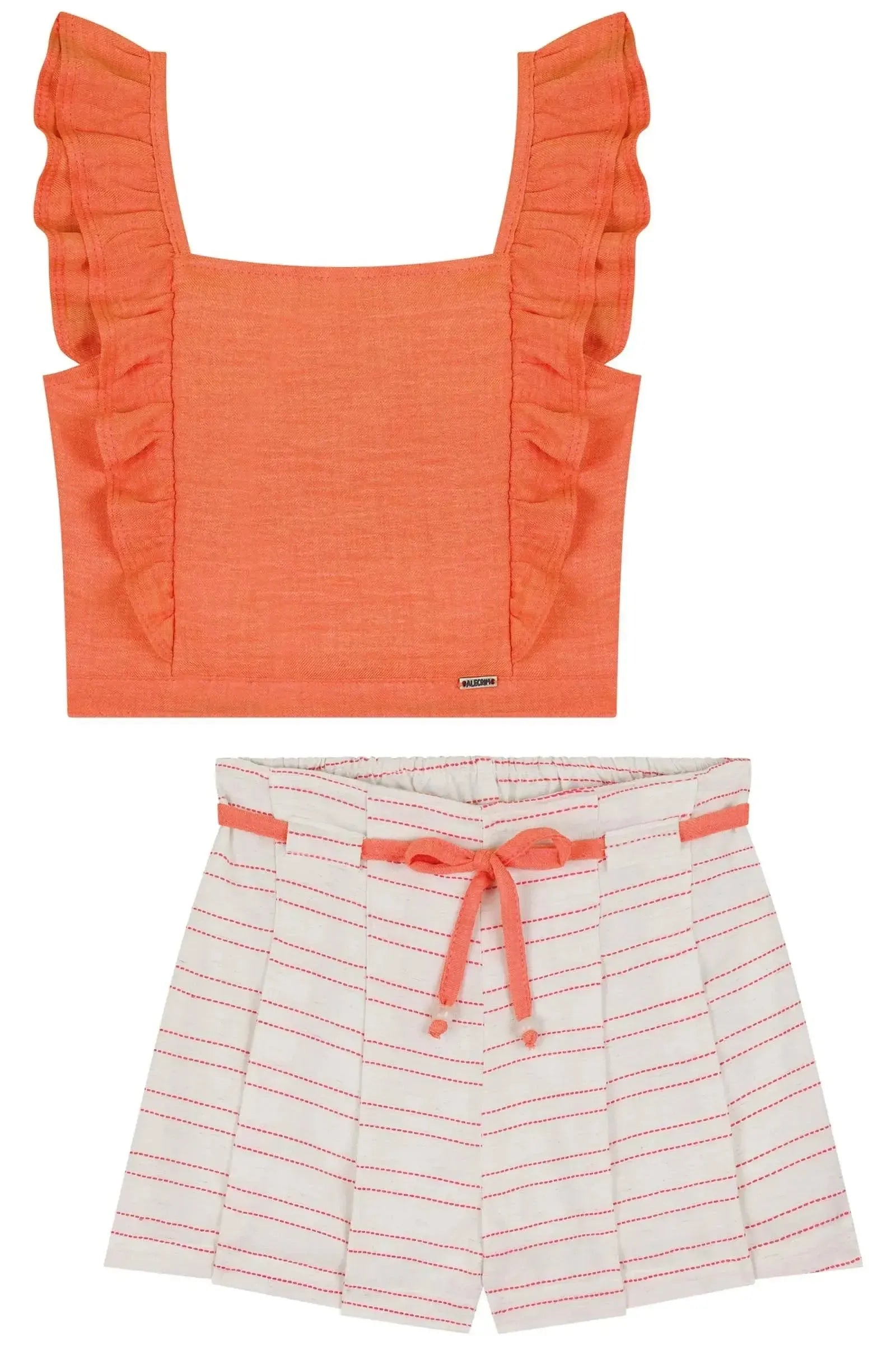 Conjunto de Blusa Boxy em Linho Rajado e Shorts em Blend de Viscose 84506 Kukiê Infantil Menina