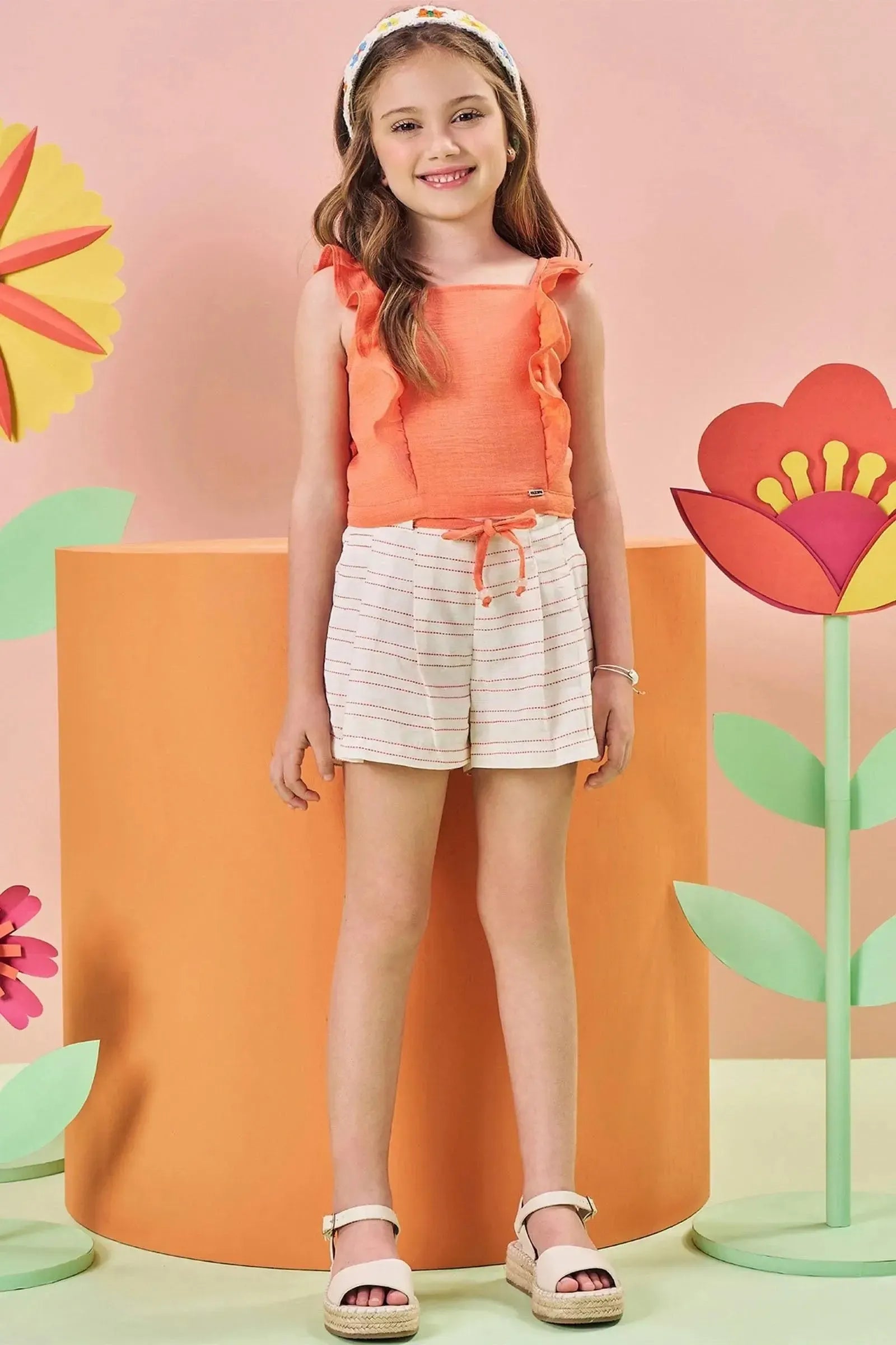 Conjunto de Blusa Boxy em Linho Rajado e Shorts em Blend de Viscose 84506 Kukiê Infantil Menina