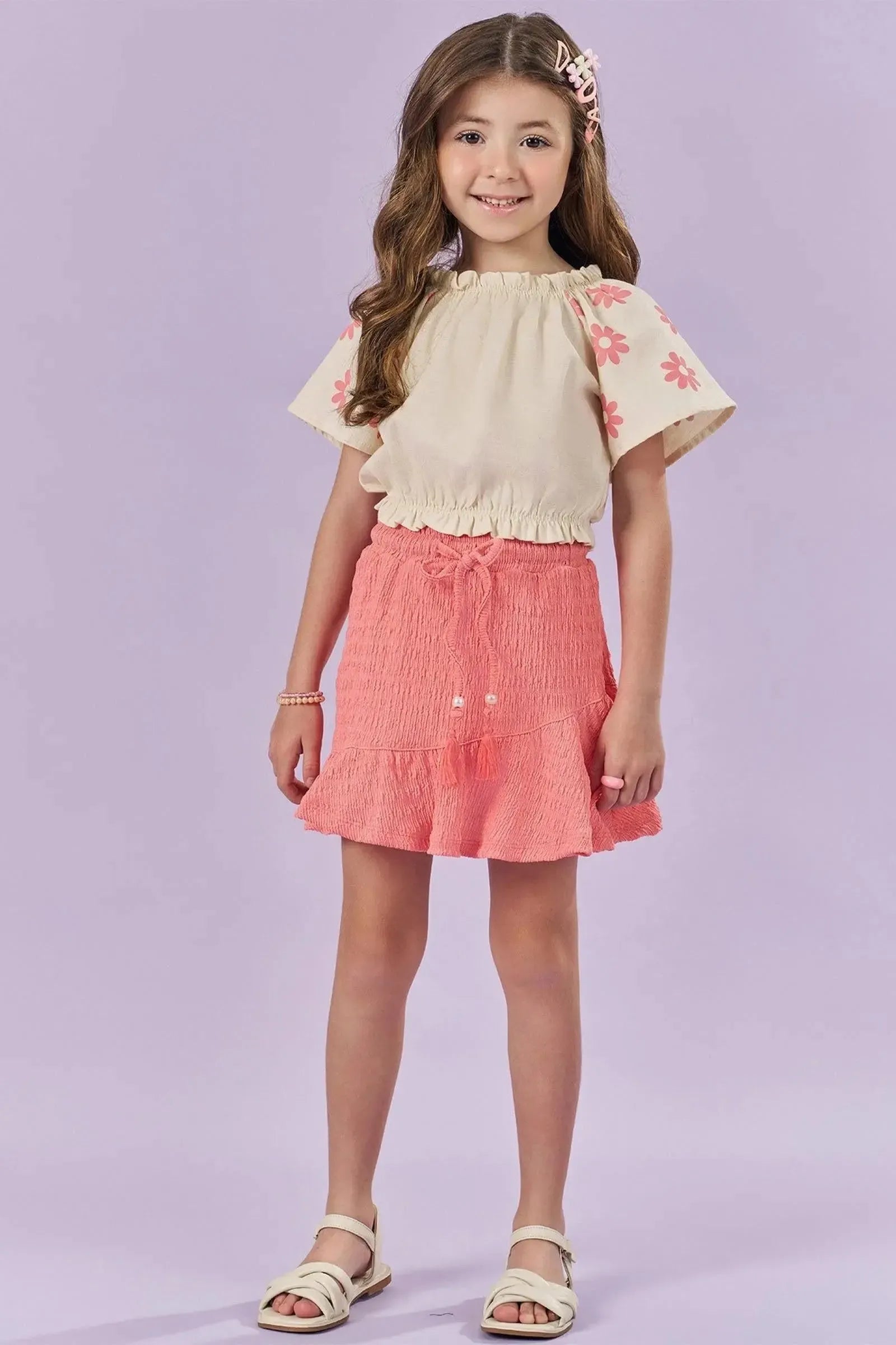 Conjunto de Blusa Boxy em Linho Santorine com Elastano e Saia em Malha Enrugada (com Shorts 84905 Kukiê Infantil Menina