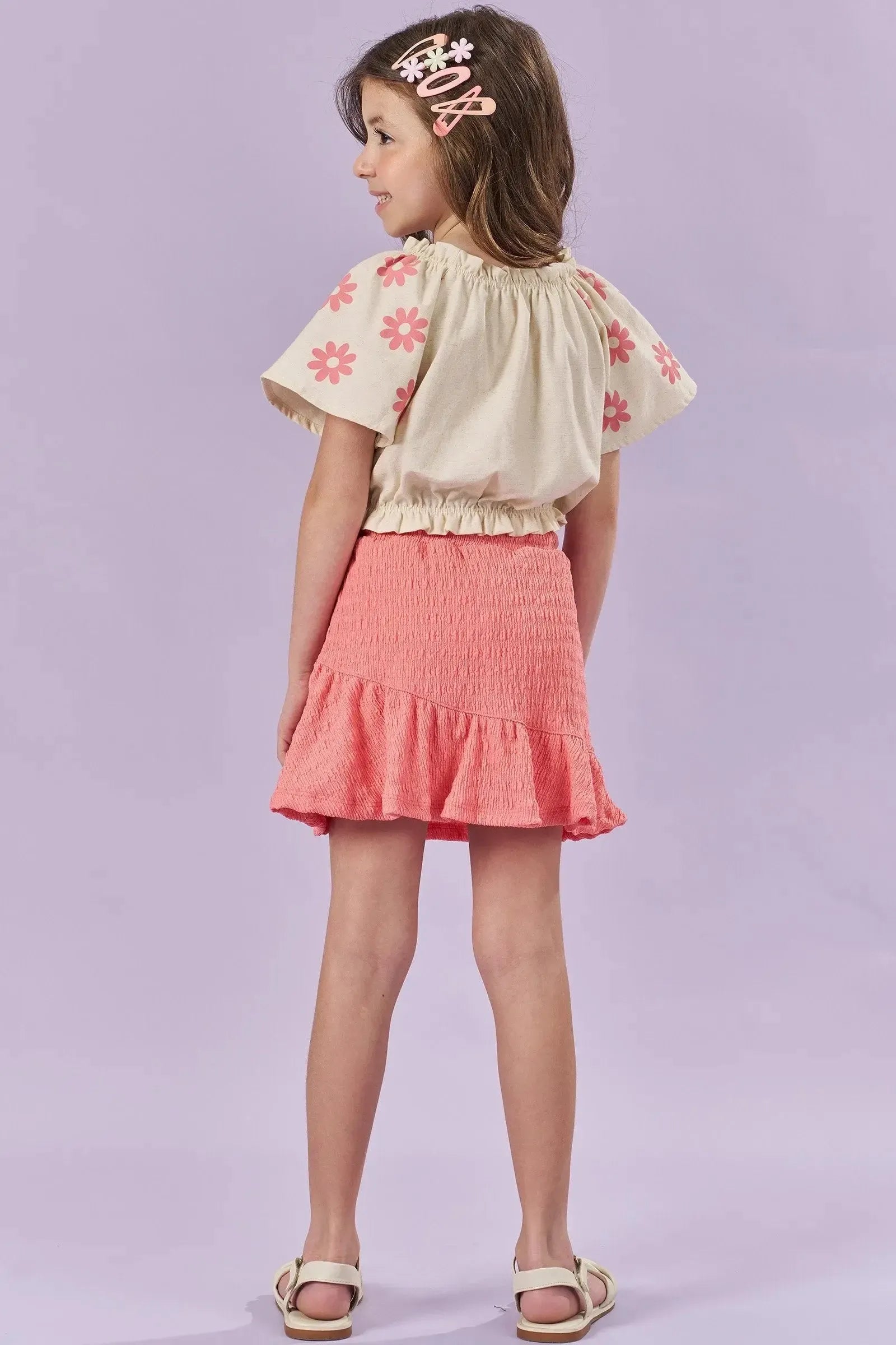 Conjunto de Blusa Boxy em Linho Santorine com Elastano e Saia em Malha Enrugada (com Shorts 84905 Kukiê Infantil Menina