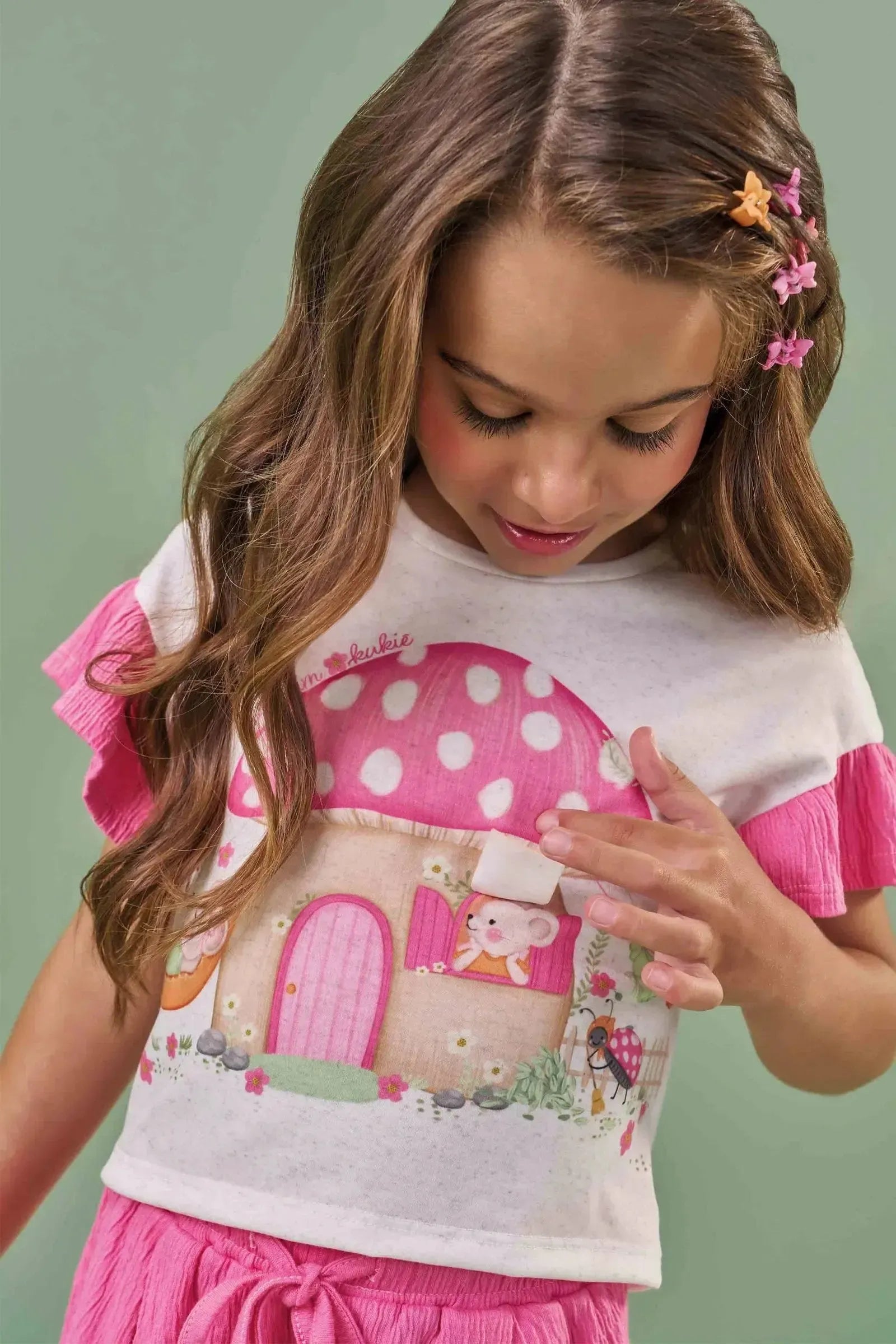 Conjunto de Blusa Boxy em Malha Fresh e Shorts em Malha Wave 86479 Kukiê Infantil Menina