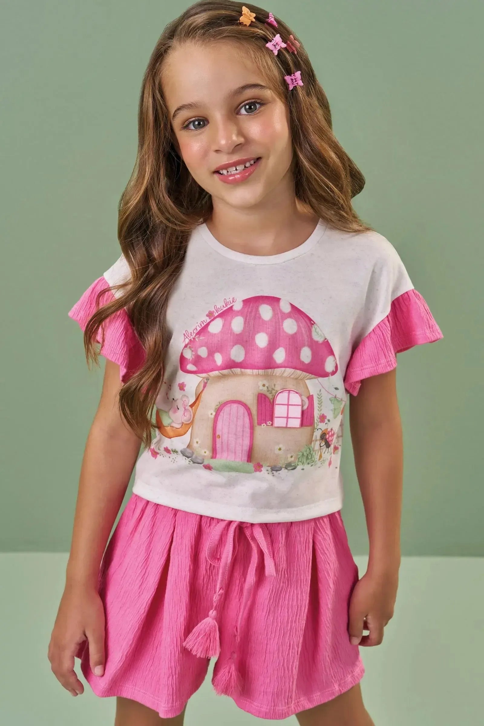 Conjunto de Blusa Boxy em Malha Fresh e Shorts em Malha Wave 86479 Kukiê Infantil Menina