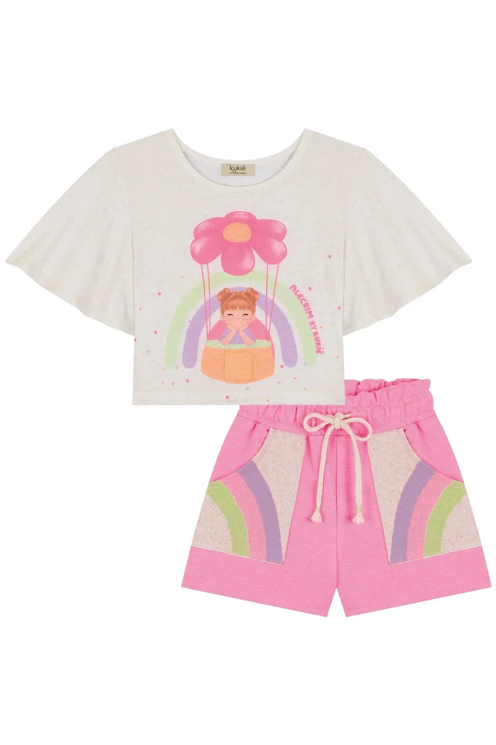 Conjunto de Blusa Boxy em Malha Fresh e Shorts em Moletom sem Pelúcia 84523 Kukiê Infantil Menina