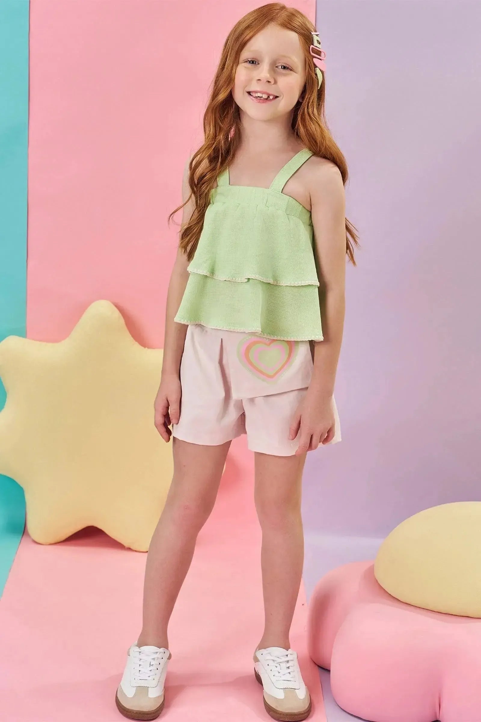 Conjunto de Blusa Boxy em Malha Little Waffle e Shorts em Sarja com Elastano 85799 Kukiê Infantil Menina