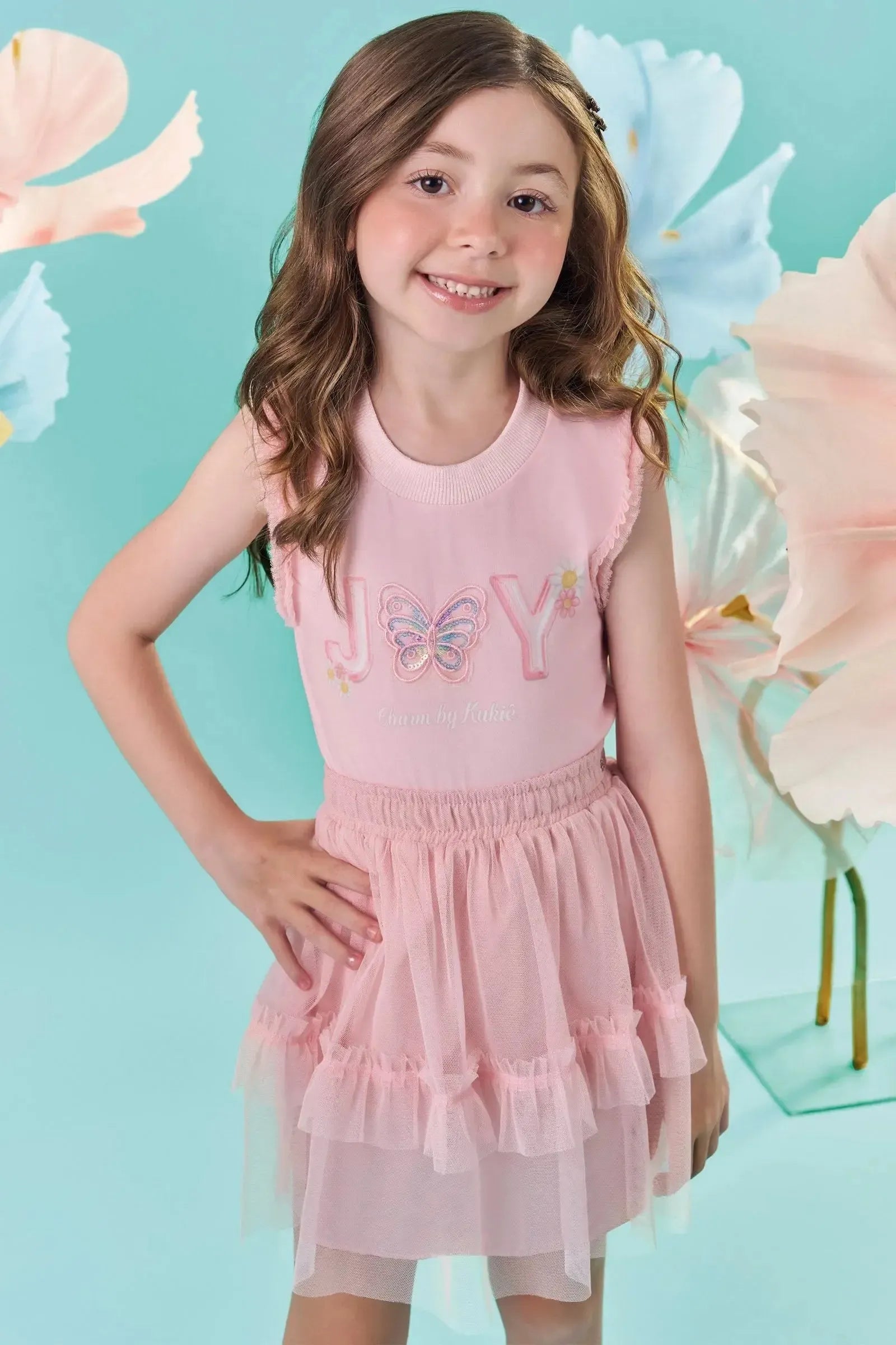 Conjunto de Blusa Boxy em Malha Power e Saia em Tule com Elastano com Shorts Embutido 87355 Kukiê Infantil Menina