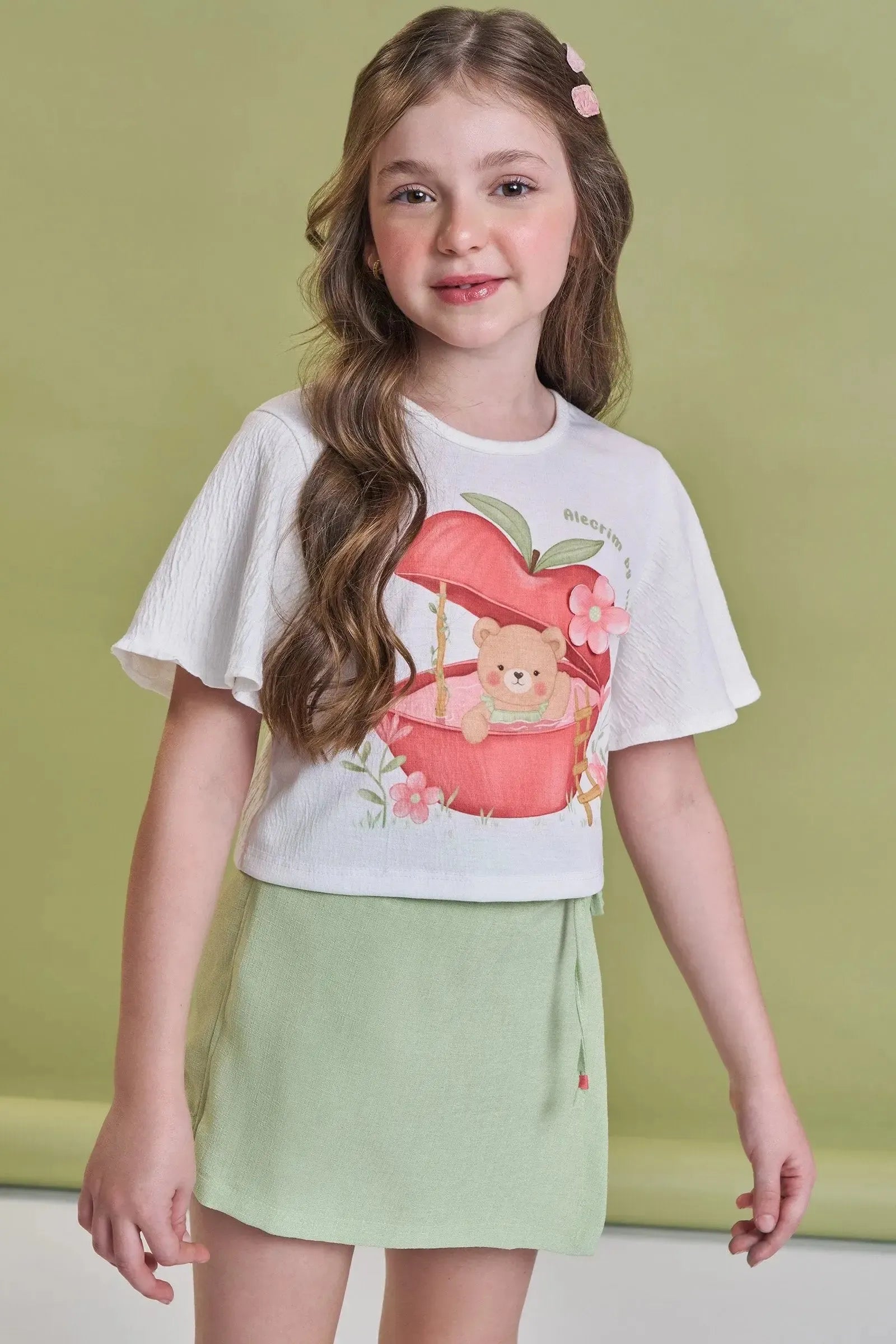 Conjunto de Blusa Boxy em Malha Wave e Short Saia em Tecido Texturizado 93014 Kukiê Infantil Menina