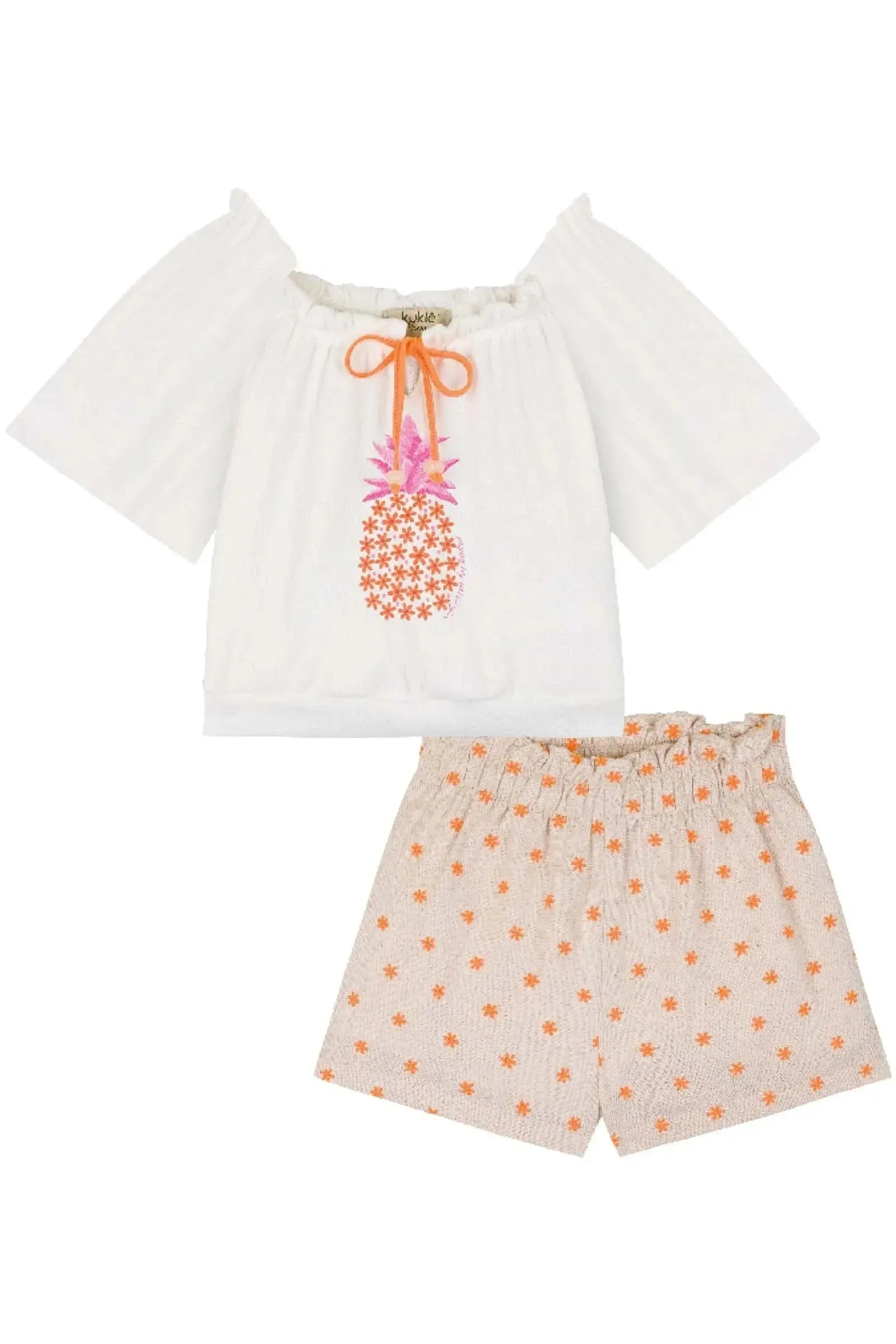 Conjunto de Blusa Boxy em Malha Wave e Shorts em Linho Bordado Flores 84482 Kukiê Infantil Menina