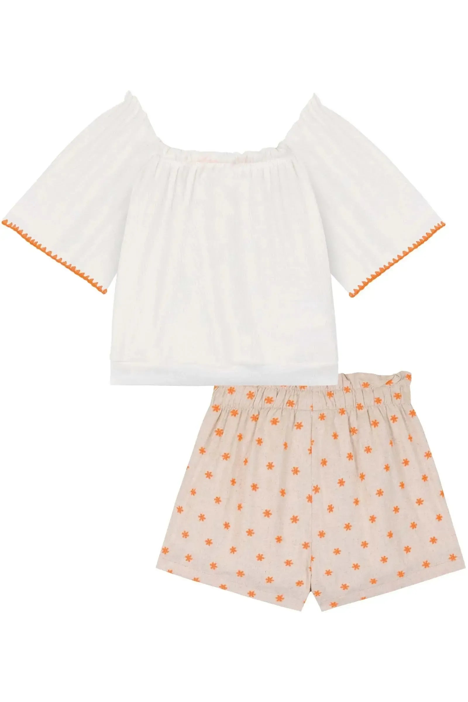 Conjunto de Blusa Boxy em Malha Wave e Shorts em Linho Bordado Flores 84482 Kukiê Infantil Menina