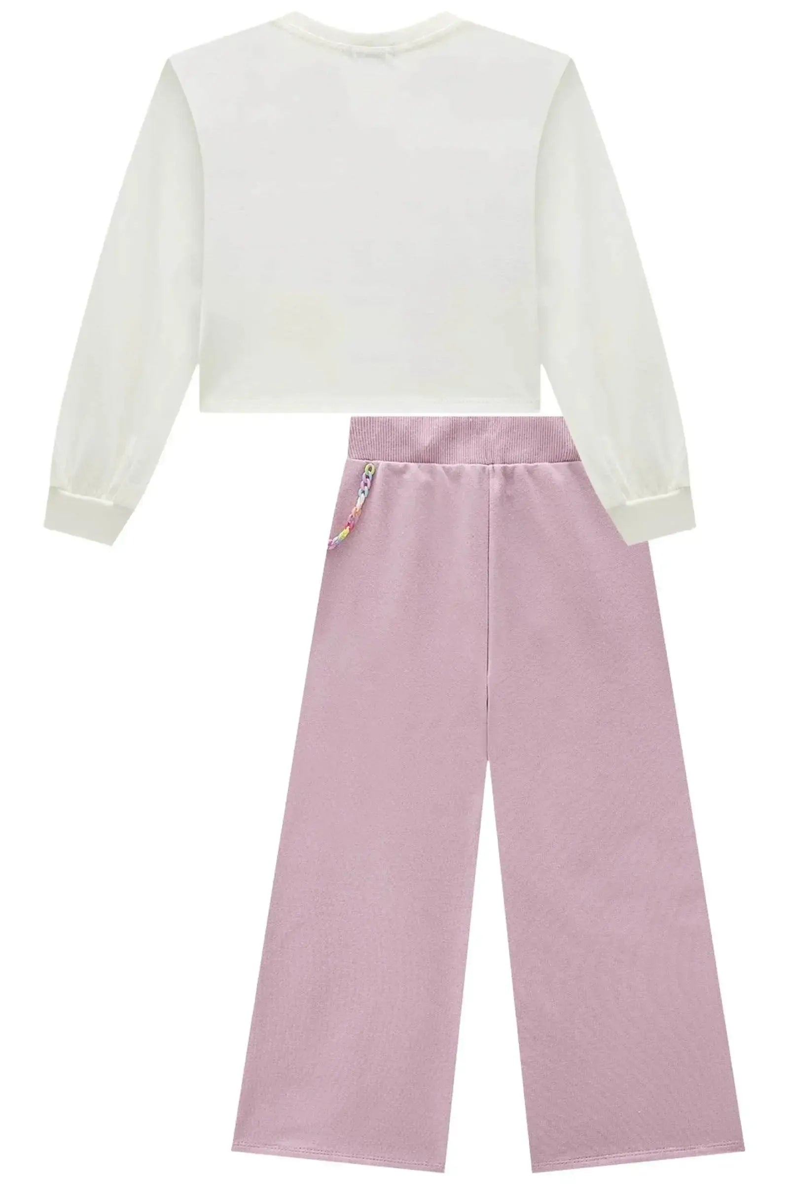 Conjunto de Blusa Boxy em Meia Malha e Calça Wide Leg em Moletom sem Pelúcia 91814 Infanti Infantil Menina