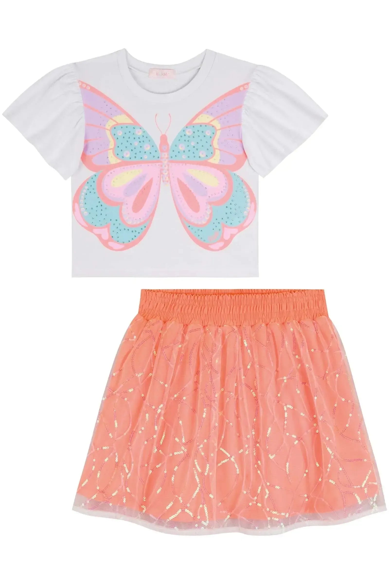 Conjunto de Blusa Boxy em Meia Malha e Saia em Tule Bordado (com Shorts Embutido) 85998 Kukiê Infantil Menina