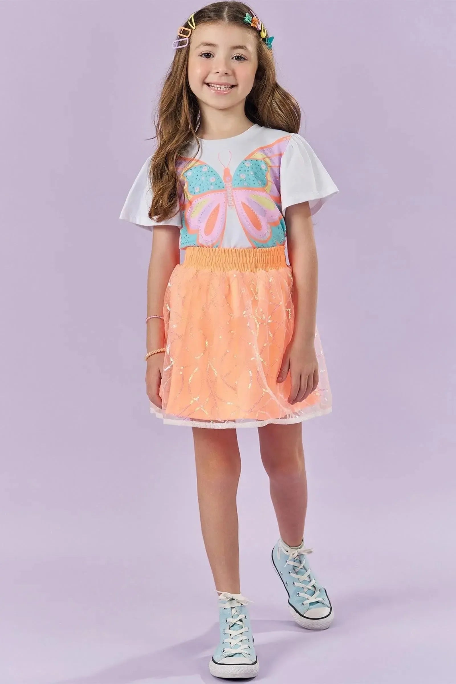 Conjunto de Blusa Boxy em Meia Malha e Saia em Tule Bordado (com Shorts Embutido) 85998 Kukiê Infantil Menina