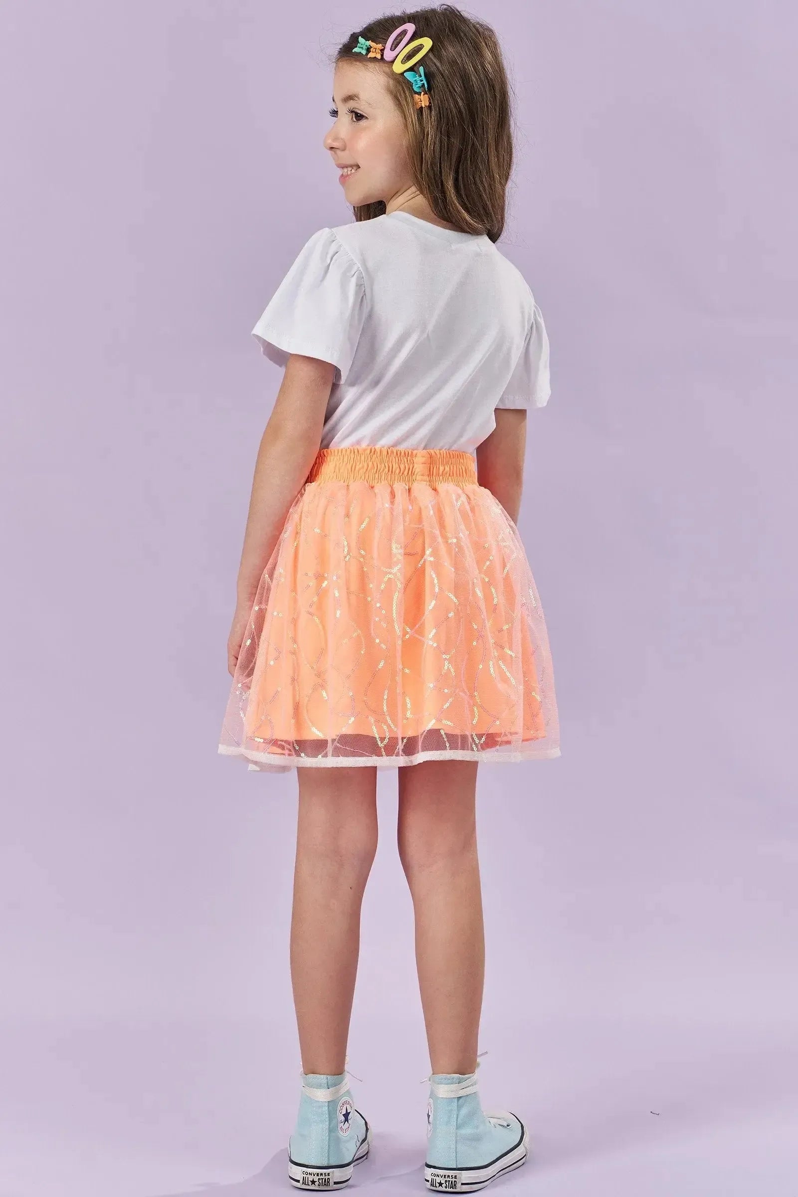 Conjunto de Blusa Boxy em Meia Malha e Saia em Tule Bordado (com Shorts Embutido) 85998 Kukiê Infantil Menina