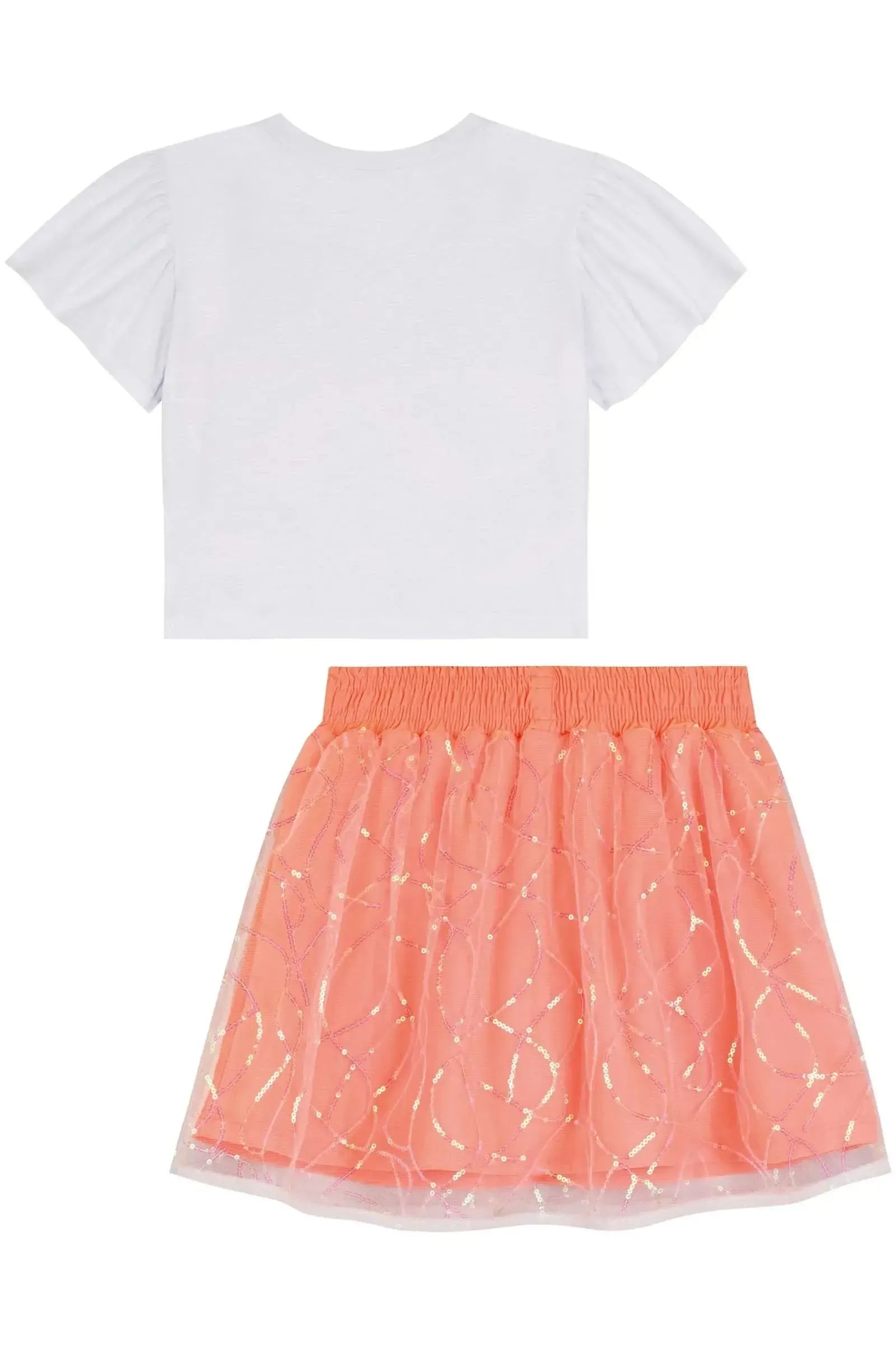 Conjunto de Blusa Boxy em Meia Malha e Saia em Tule Bordado (com Shorts Embutido) 85998 Kukiê Infantil Menina