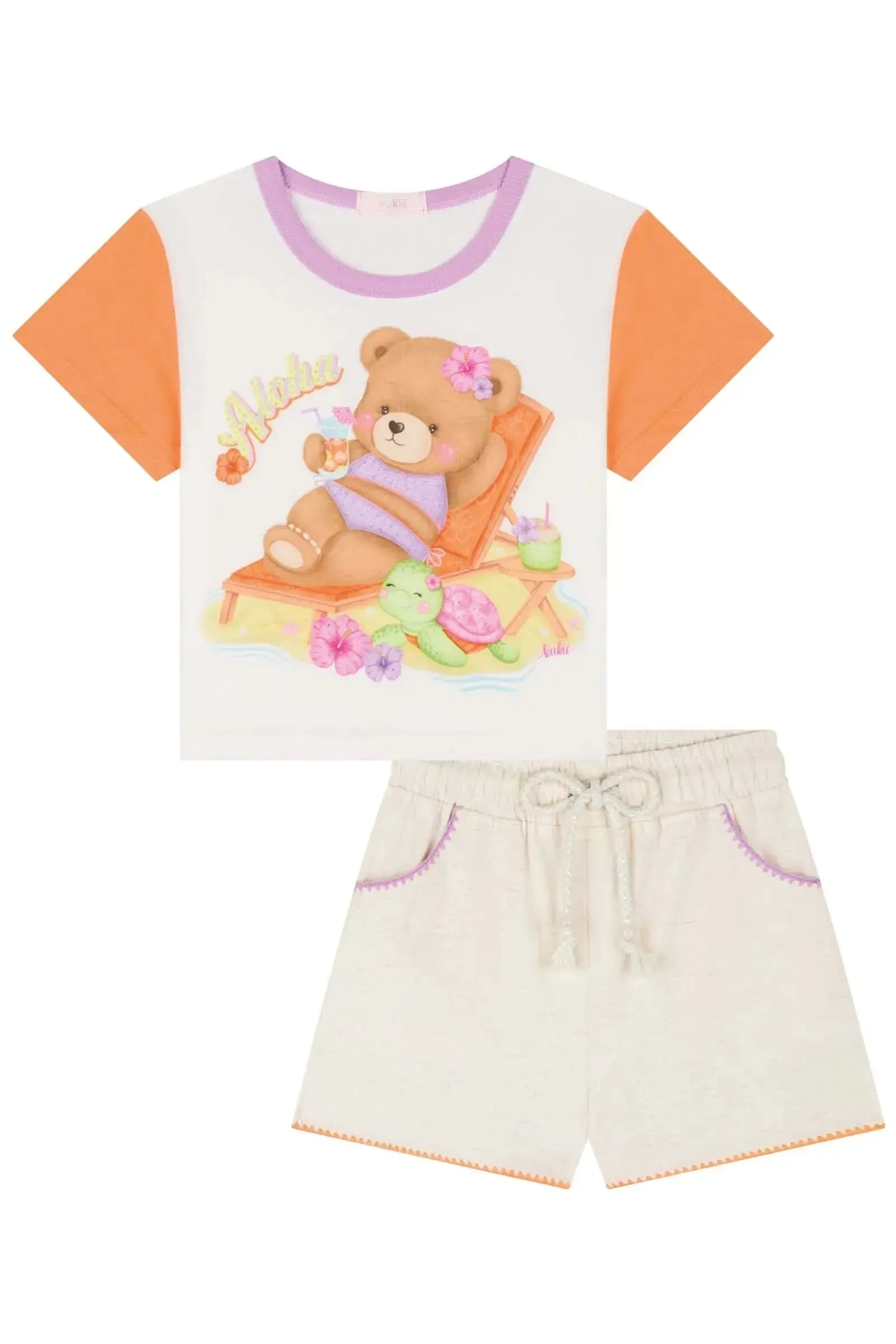 Conjunto de Blusa Boxy em Meia Malha e Short em Linho com Elastano 83998 Kukiê Infantil Menina