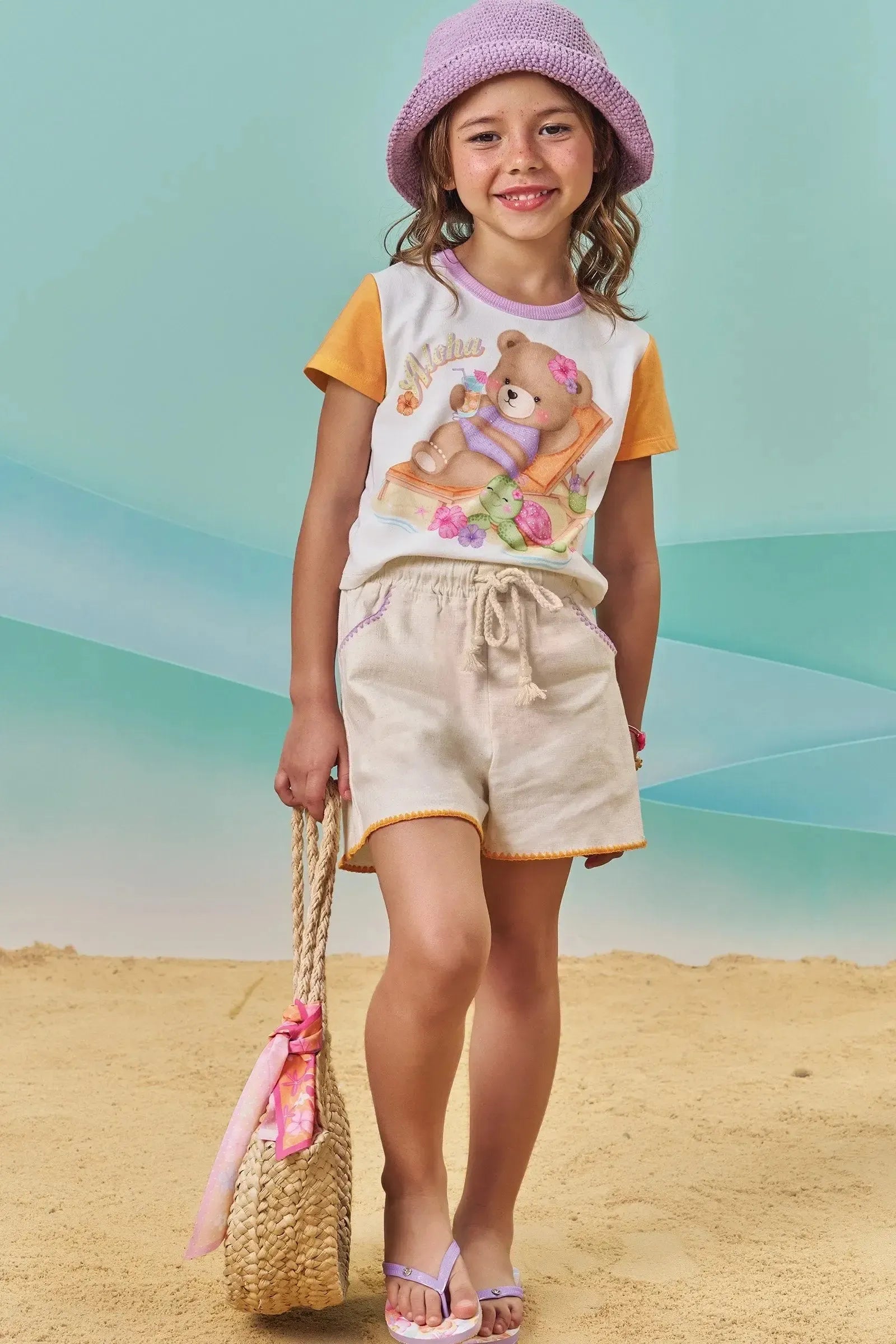 Conjunto de Blusa Boxy em Meia Malha e Short em Linho com Elastano 83998 Kukiê Infantil Menina