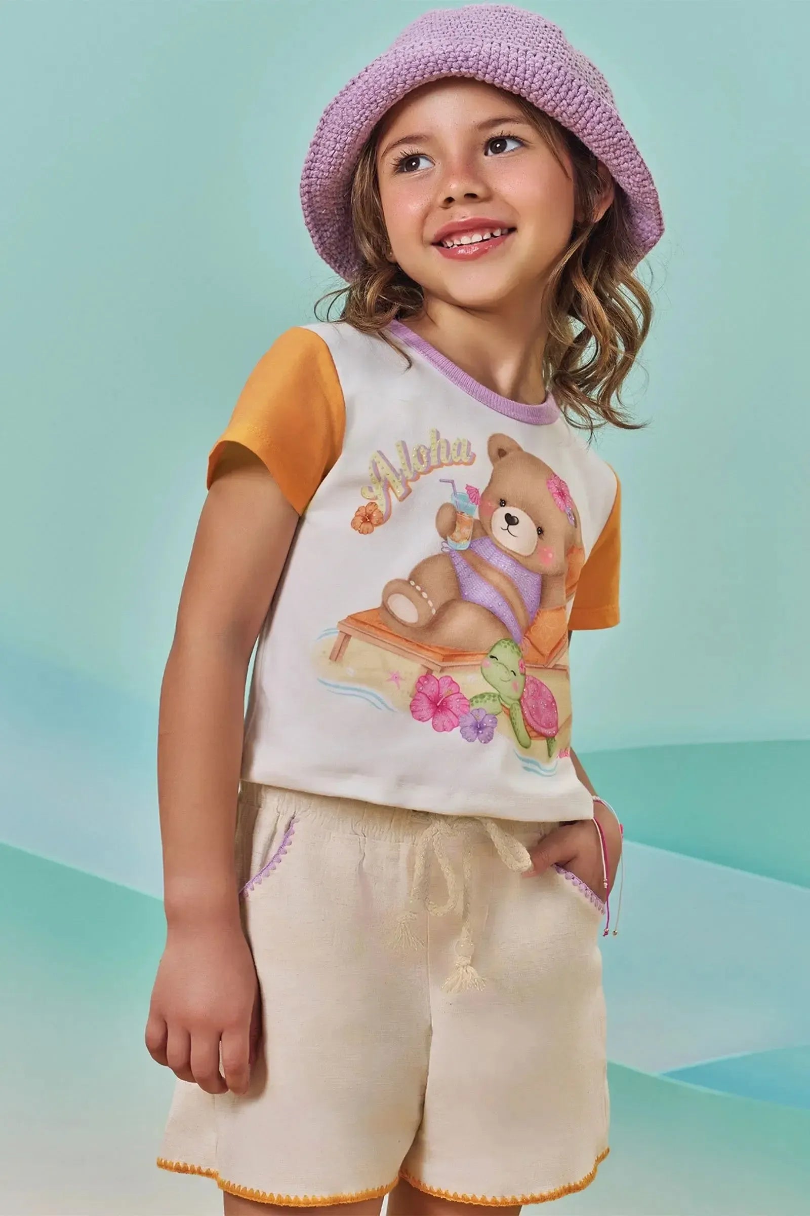 Conjunto de Blusa Boxy em Meia Malha e Short em Linho com Elastano 83998 Kukiê Infantil Menina
