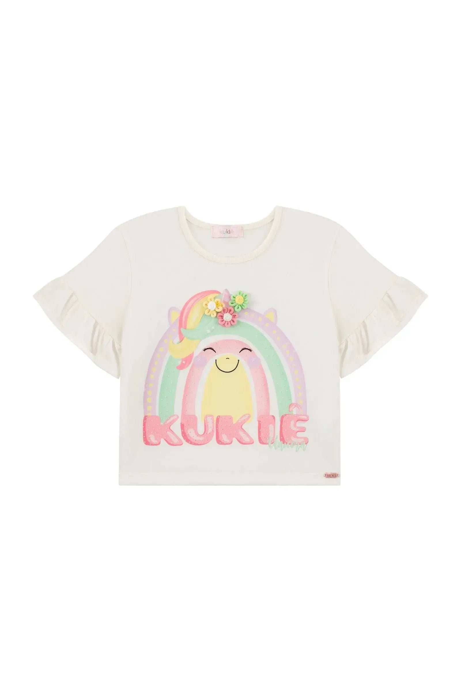 Conjunto de Blusa Boxy em Meia Malha e Short Saia em Malha Denim 93872 Kukiê Infantil Menina