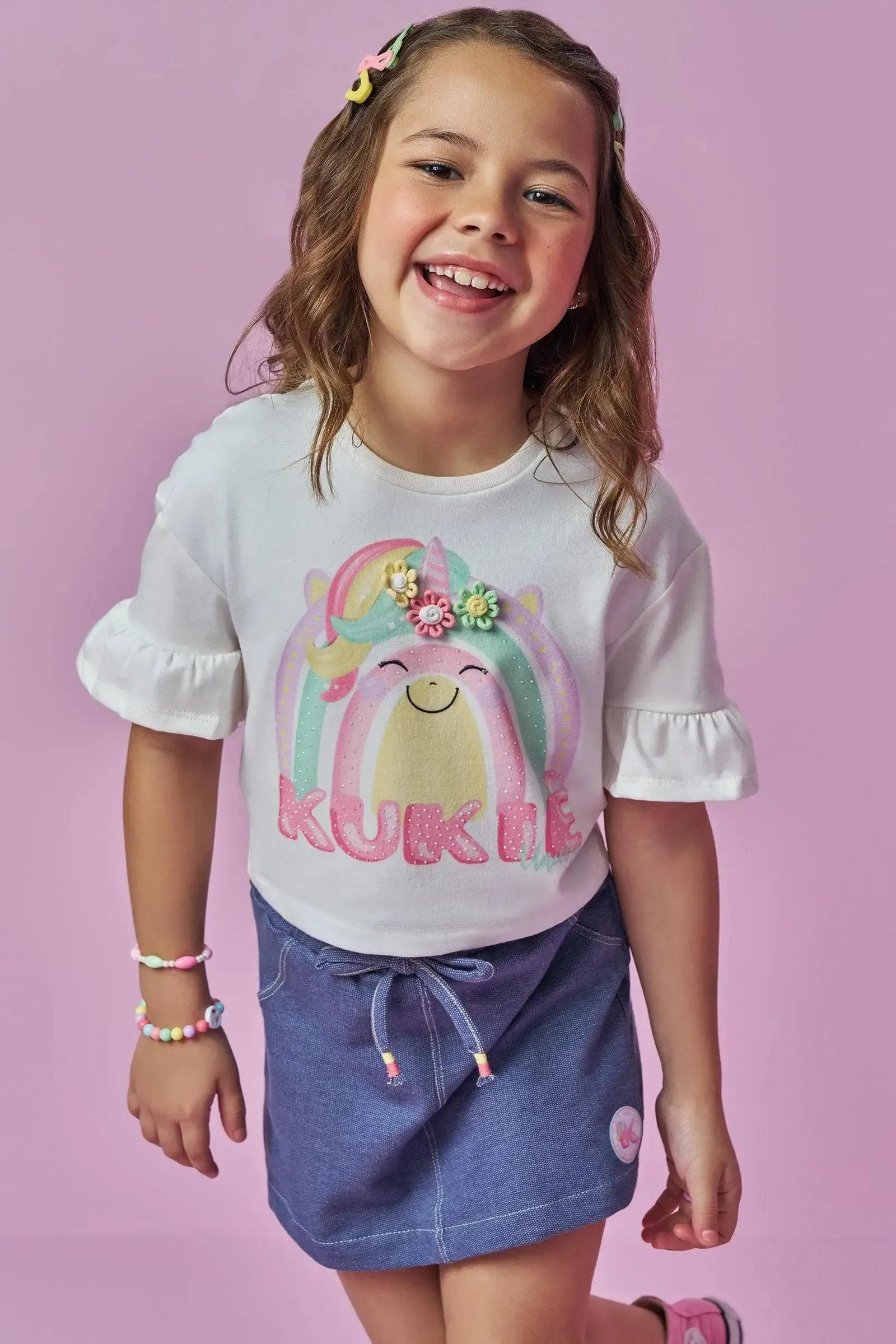 Conjunto de Blusa Boxy em Meia Malha e Short Saia em Malha Denim 93872 Kukiê Infantil Menina