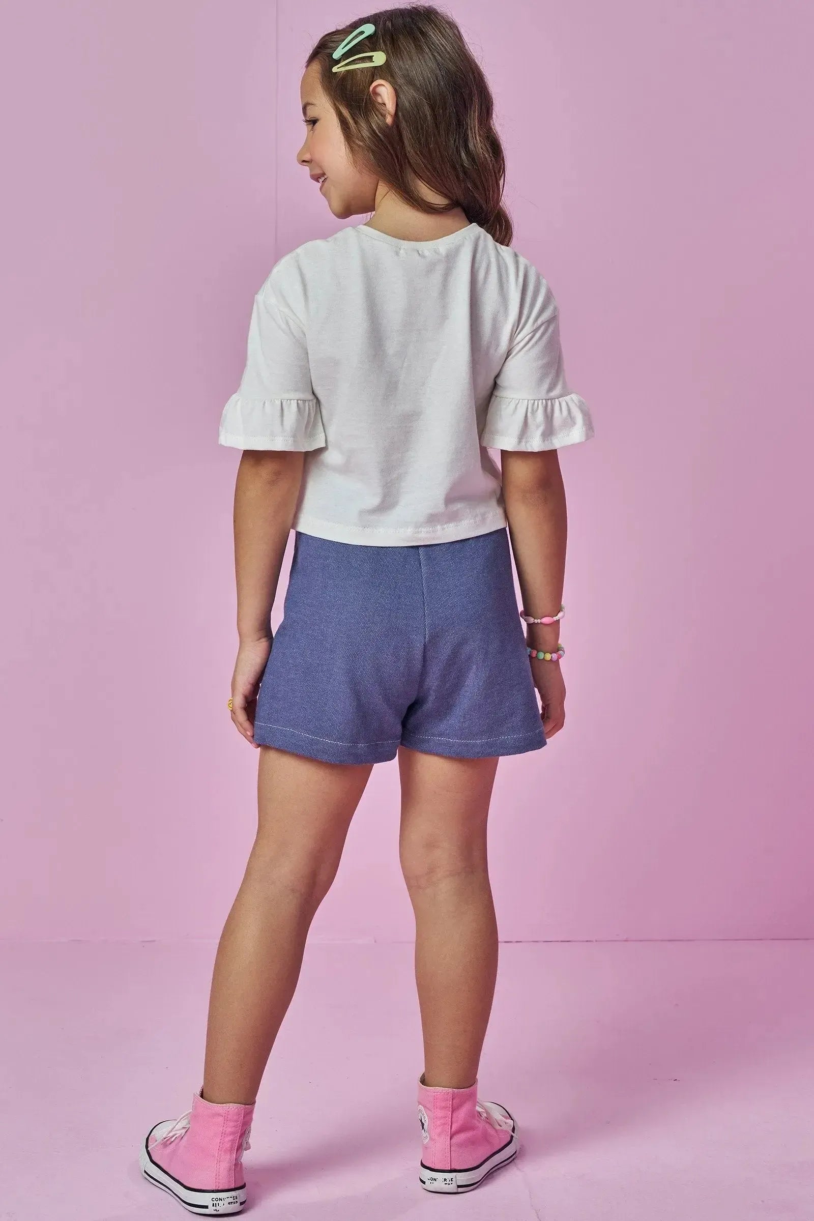 Conjunto de Blusa Boxy em Meia Malha e Short Saia em Malha Denim 93872 Kukiê Infantil Menina