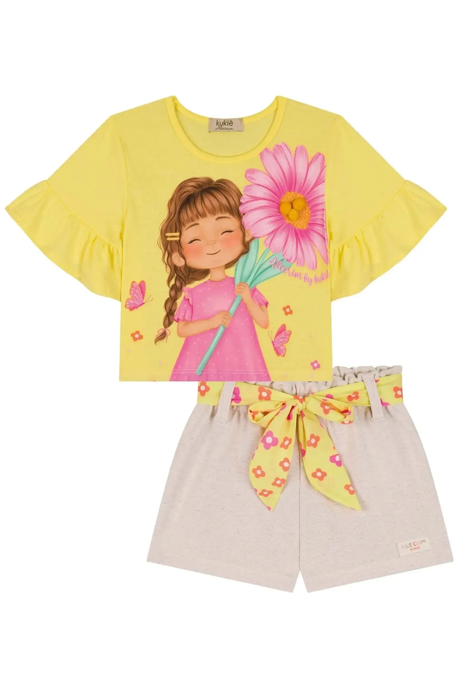 Conjunto de Blusa Boxy em Meia Malha e Shorts em Moletom sem Pelúcia 85084 Kukiê Infantil Menina