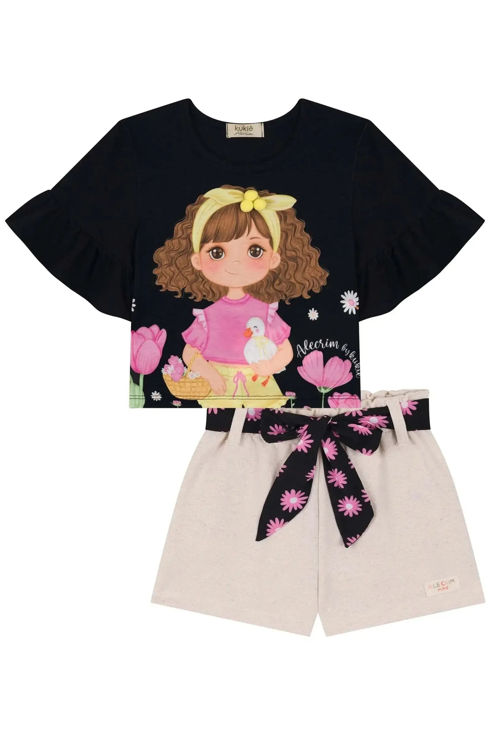 Conjunto de Blusa Boxy em Meia Malha e Shorts em Moletom sem Pelúcia 85084 Kukiê Infantil Menina
