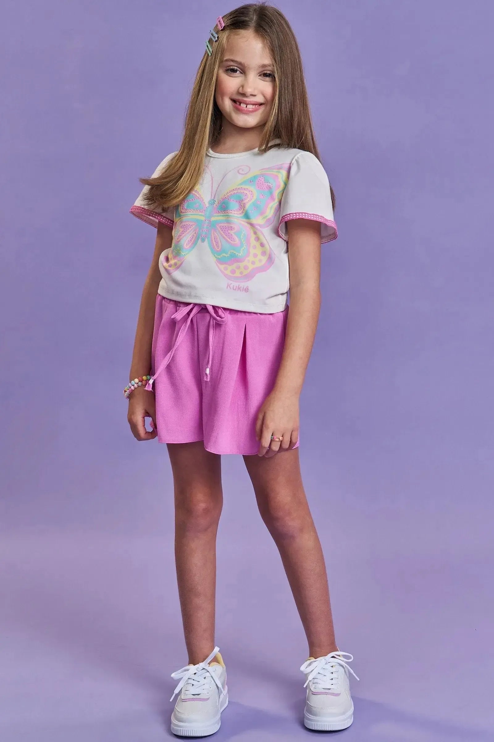 Conjunto de Blusa Boxy em Meia Malha e Shorts em Tecido Air Flow 93637 Kukiê Infantil Menina