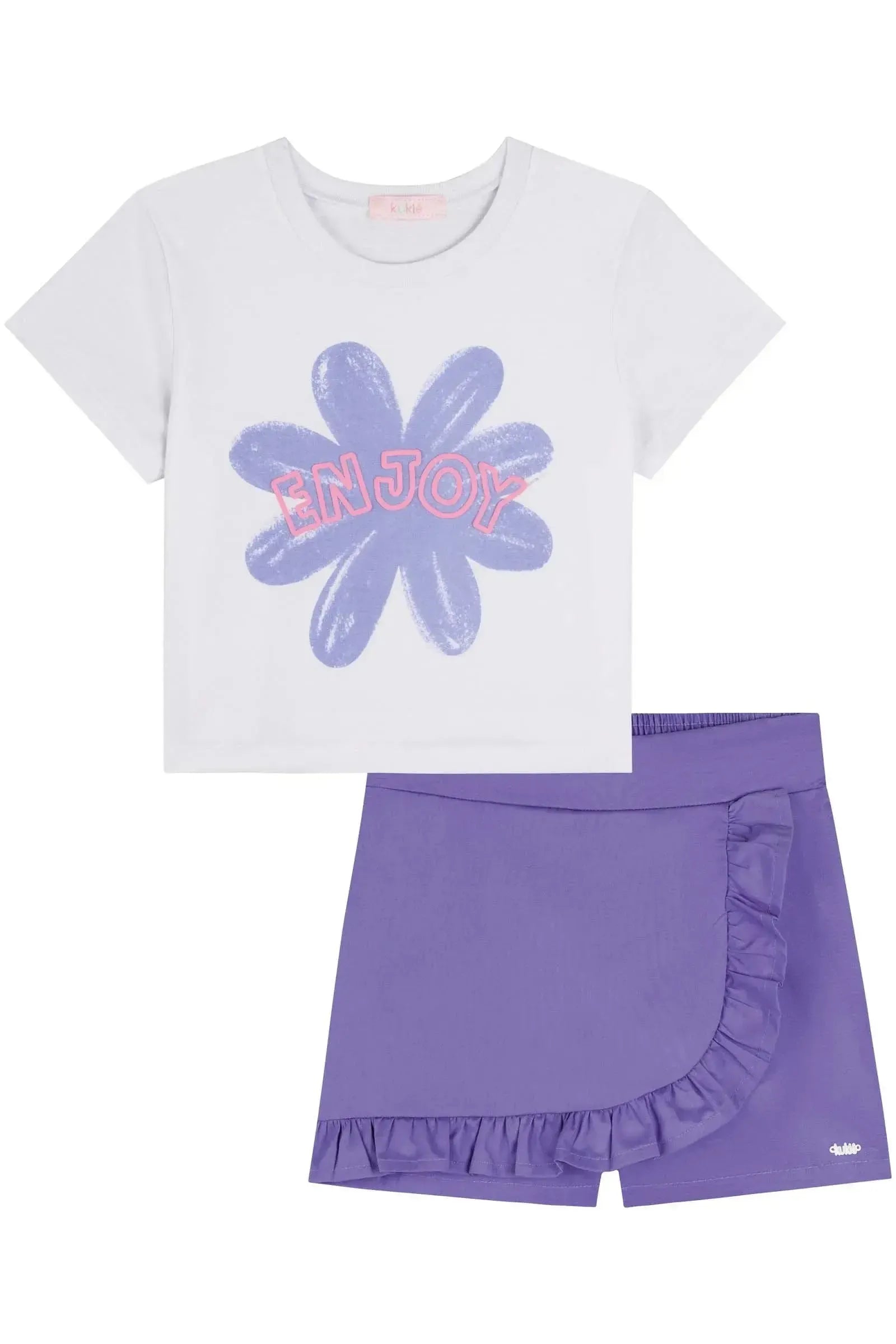 Conjunto de Blusa Boxy em Meia Malha e Shorts em Tricoline com Elastano 85989 Kukiê Infantil Menina