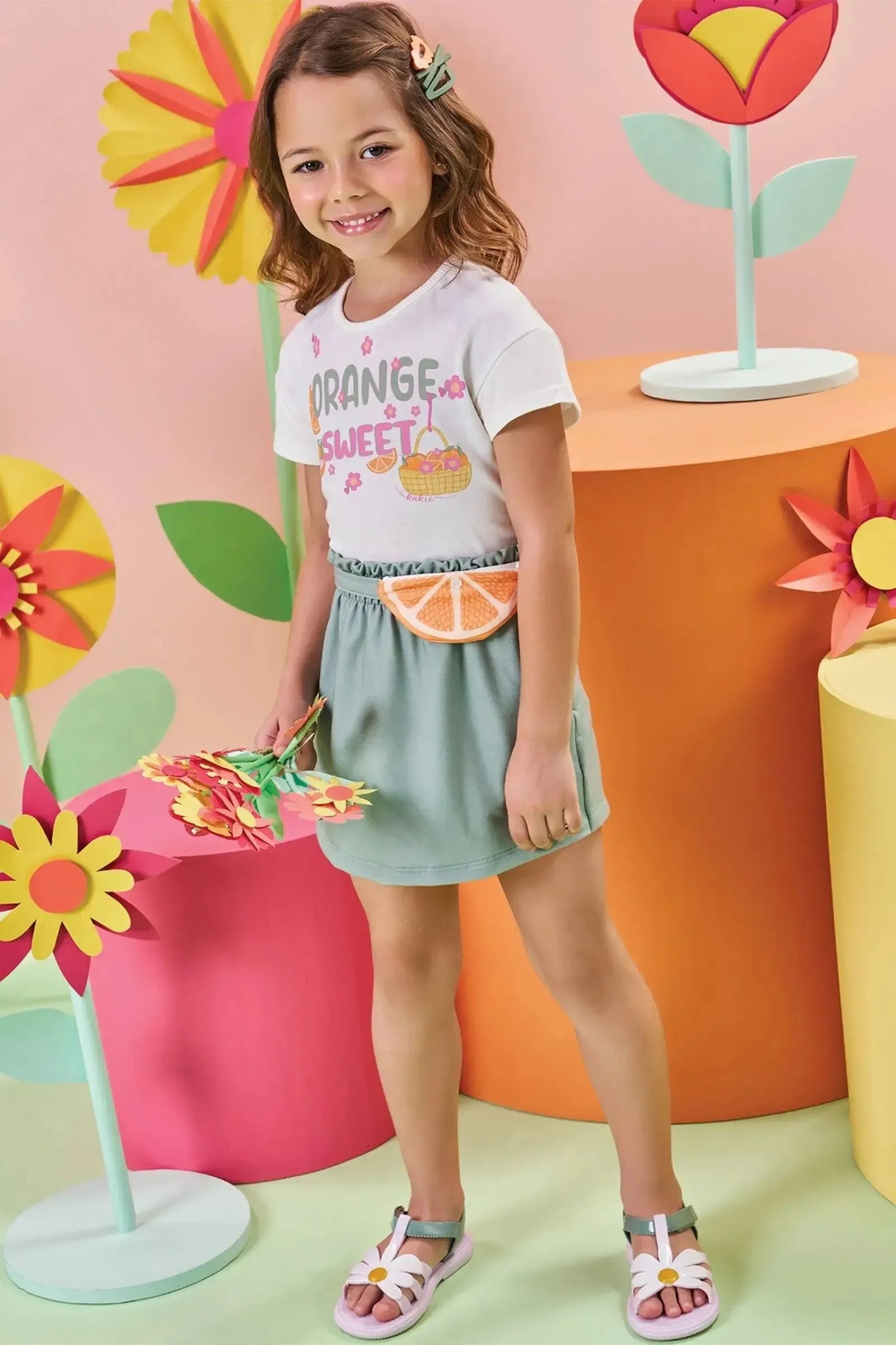 Conjunto de Blusa Boxy em Meia Malha Power e Short Saia em Molevisco 84513 Kukiê Infantil Menina