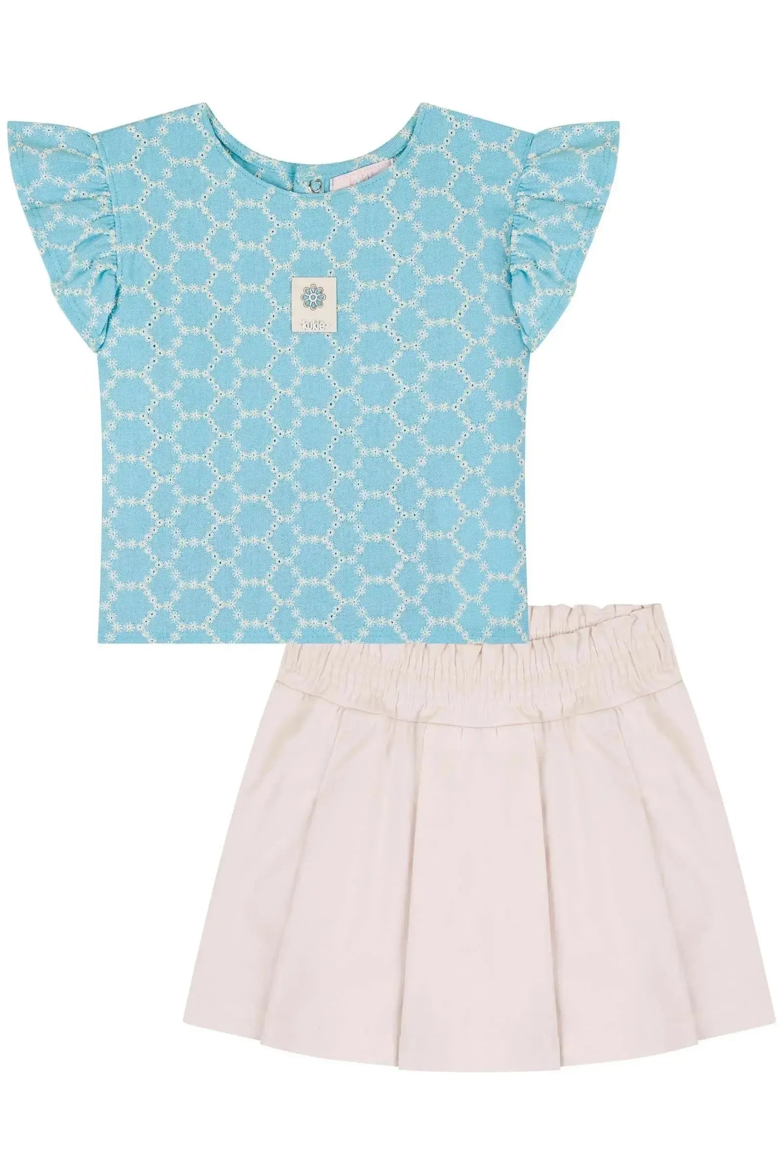 Conjunto de Blusa Boxy em Tecido Bordado e Short Saia em Sarja com Elastano 84566 Kukiê Infantil Menina
