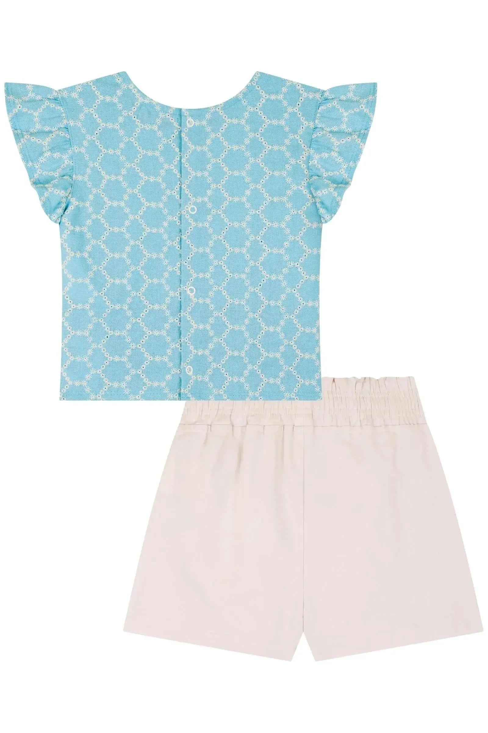 Conjunto de Blusa Boxy em Tecido Bordado e Short Saia em Sarja com Elastano 84566 Kukiê Infantil Menina