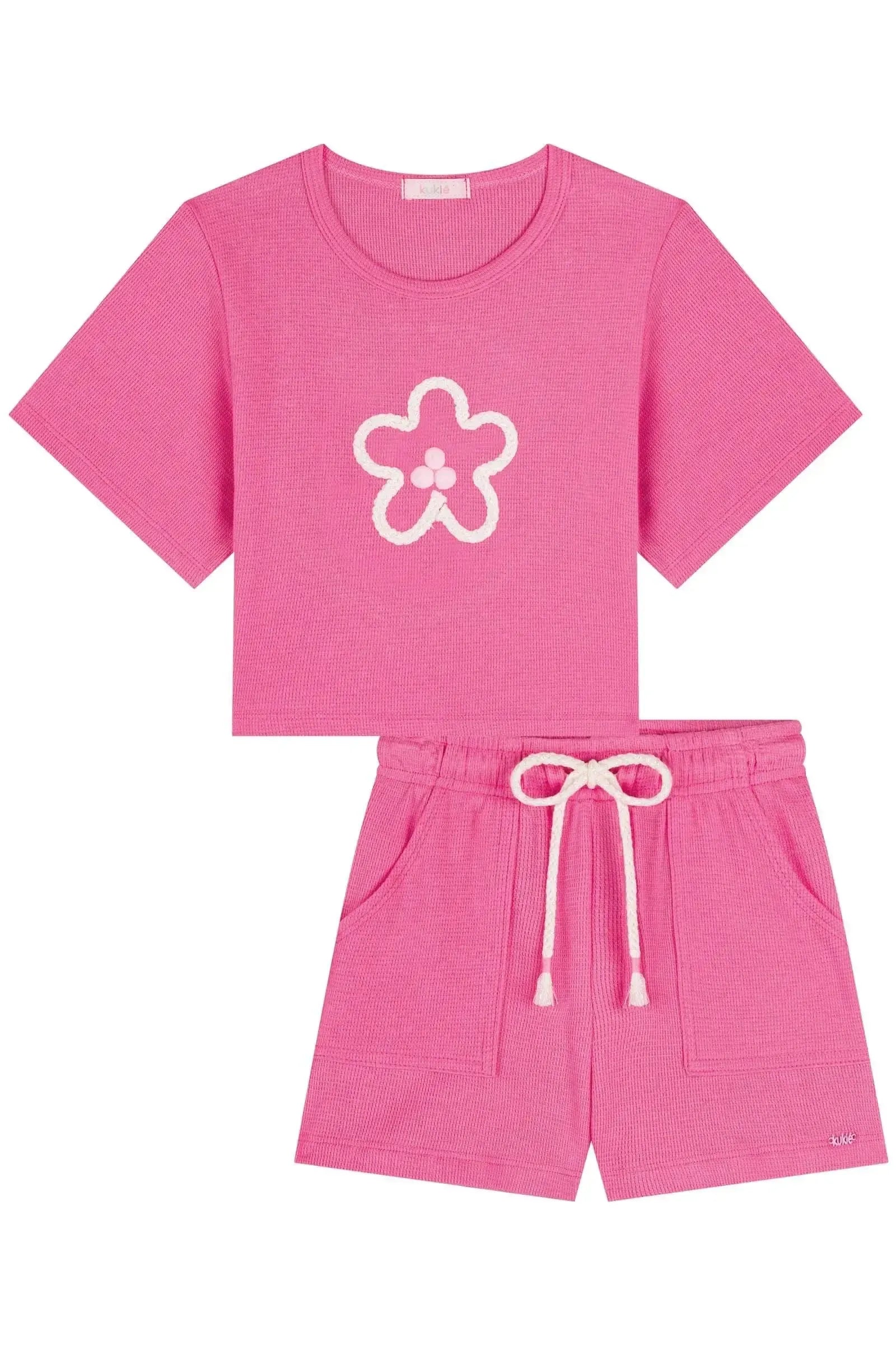 Conjunto de Blusa Boxy Over e Shorts em Malha Little Waffle 84569 Kukiê Infantil Menina