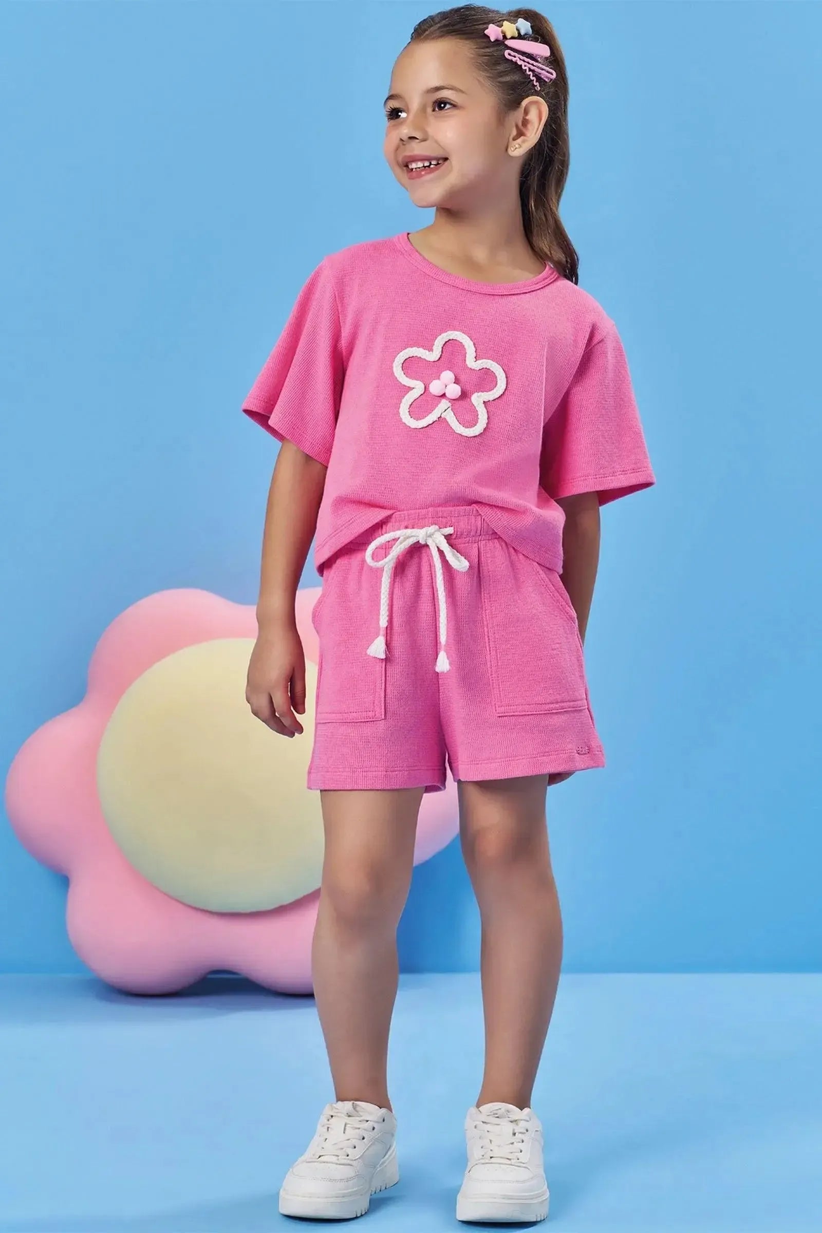 Conjunto de Blusa Boxy Over e Shorts em Malha Little Waffle 84569 Kukiê Infantil Menina
