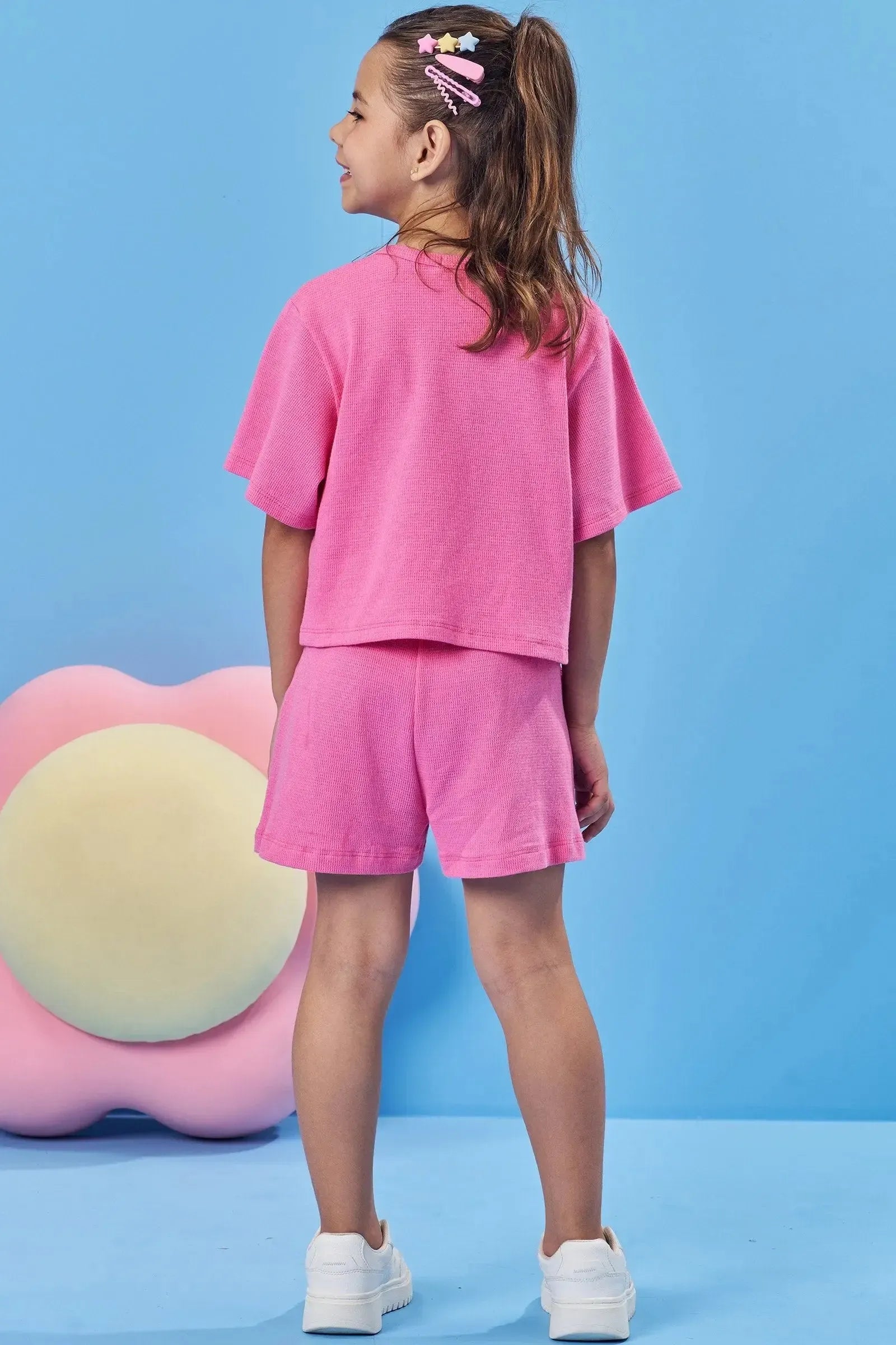 Conjunto de Blusa Boxy Over e Shorts em Malha Little Waffle 84569 Kukiê Infantil Menina