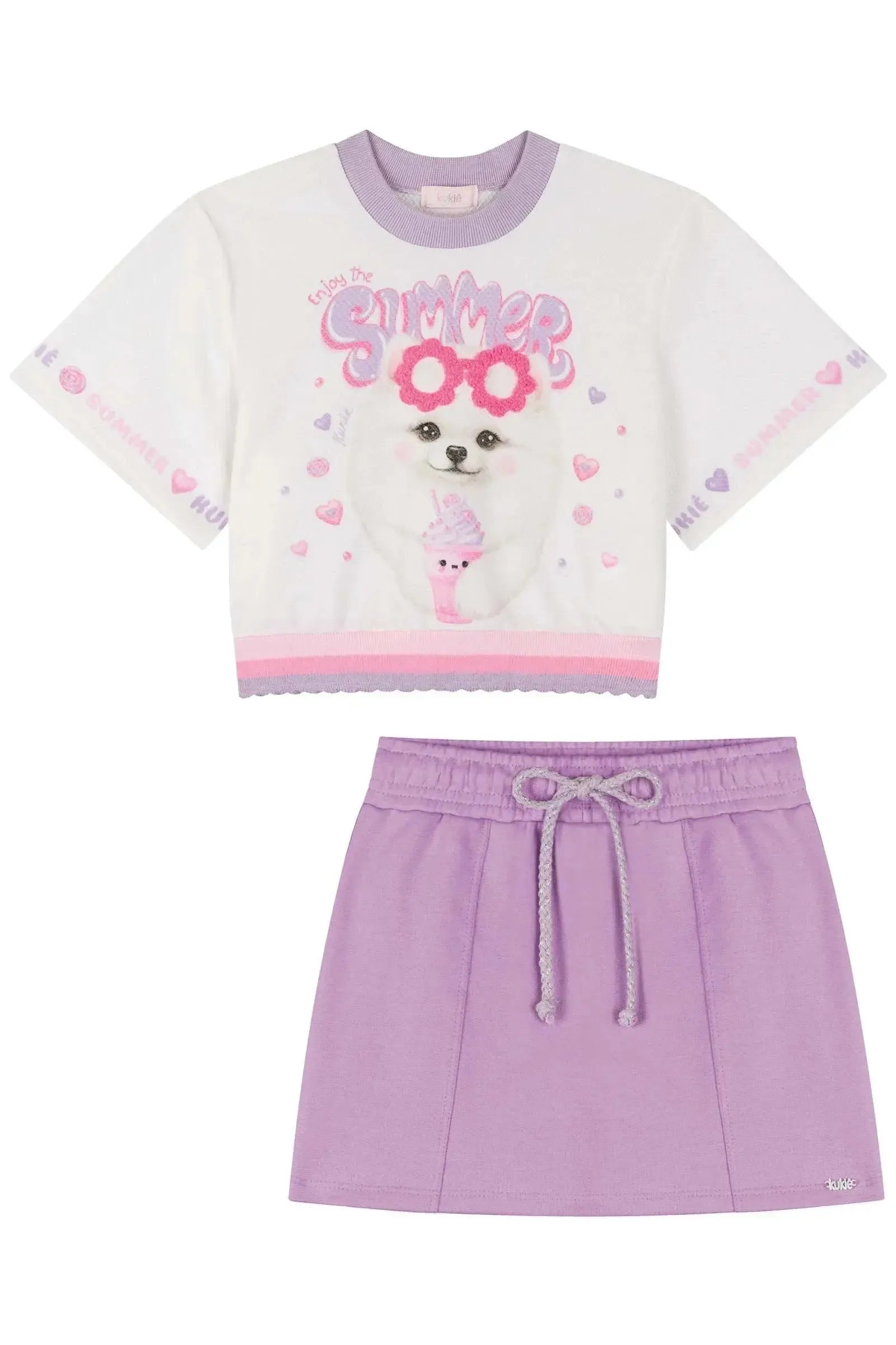 Conjunto de Blusa Boxy Over em Malha Favo e Short Saia em Moletom sem Pelúcia 84887 Kukiê Infantil Menina