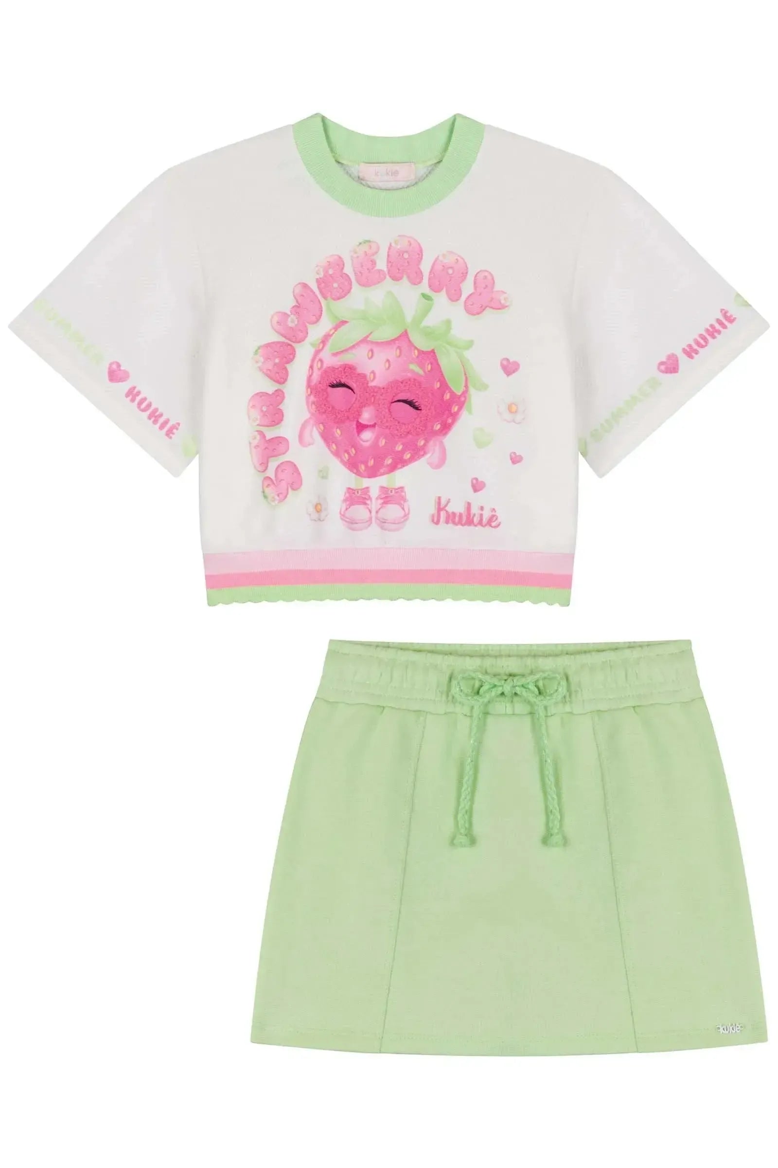 Conjunto de Blusa Boxy Over em Malha Favo e Short Saia em Moletom sem Pelúcia 84887 Kukiê Infantil Menina