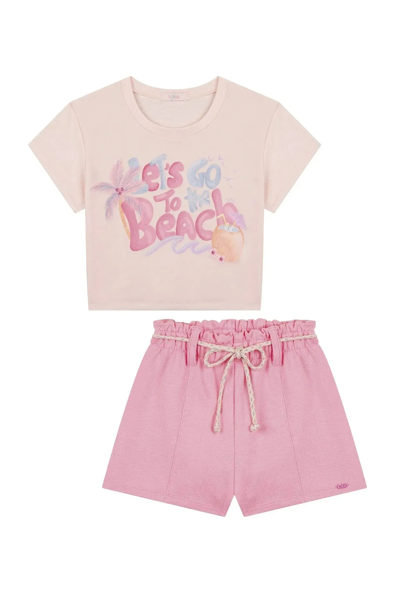 Conjunto de Blusa Boxy Over em Malha Flamê e Shorts em Moletom sem Pelúcia 88727 Kukiê Infantil Menina