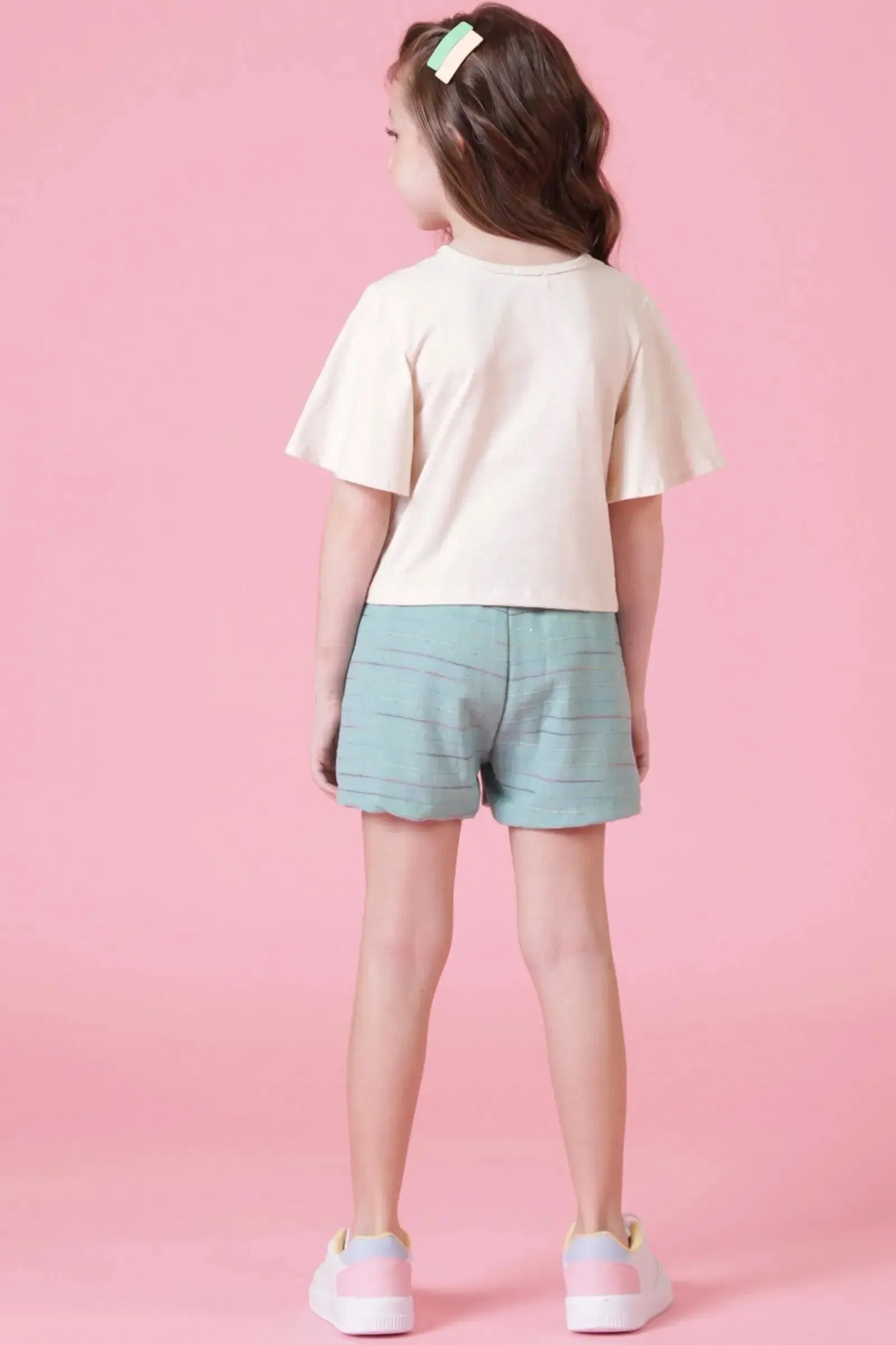 Conjunto de Blusa Boxy Over em Malha Power e Shorts em Linho Rajado 88947 Kukiê Infantil Menina
