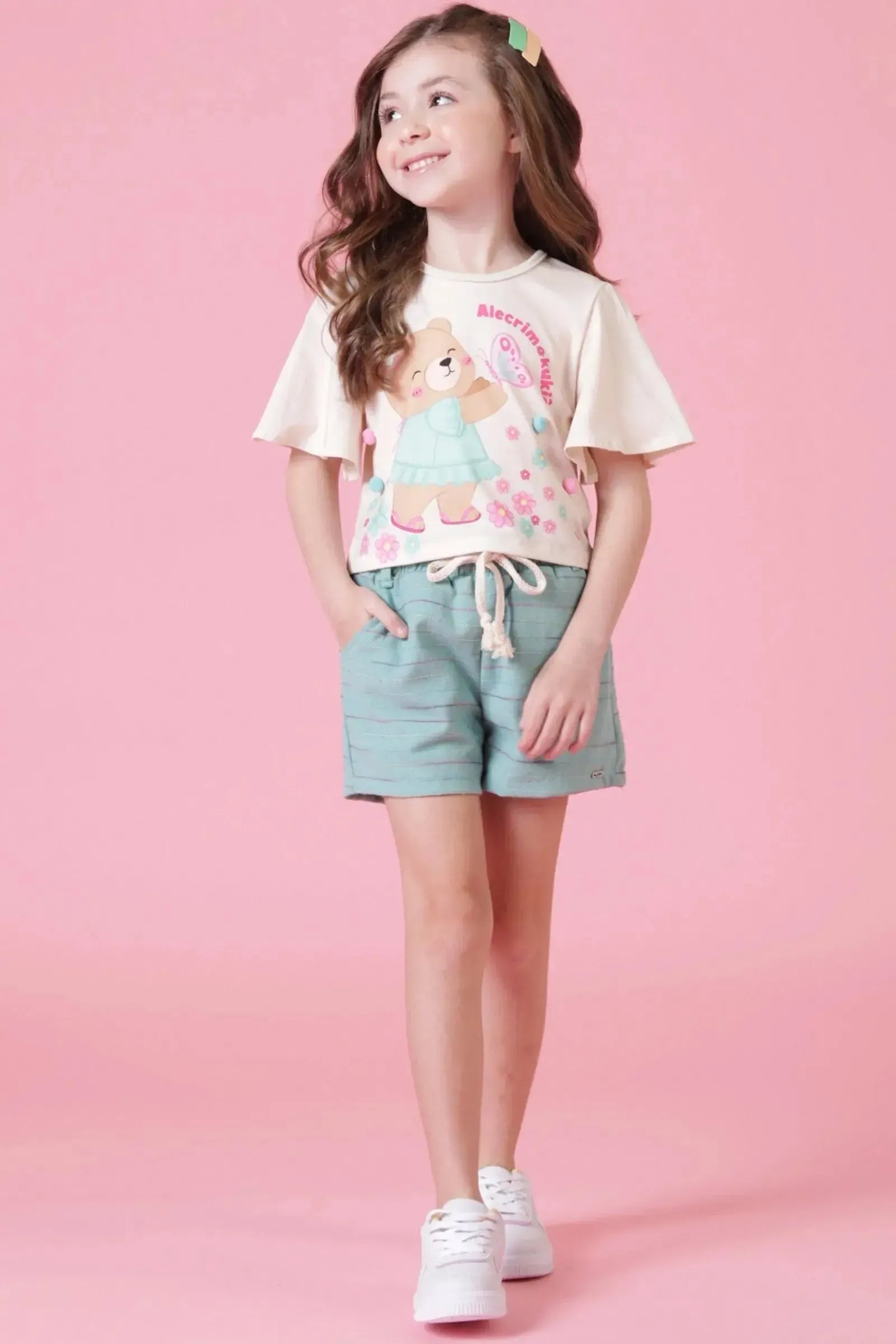 Conjunto de Blusa Boxy Over em Malha Power e Shorts em Linho Rajado 88947 Kukiê Infantil Menina