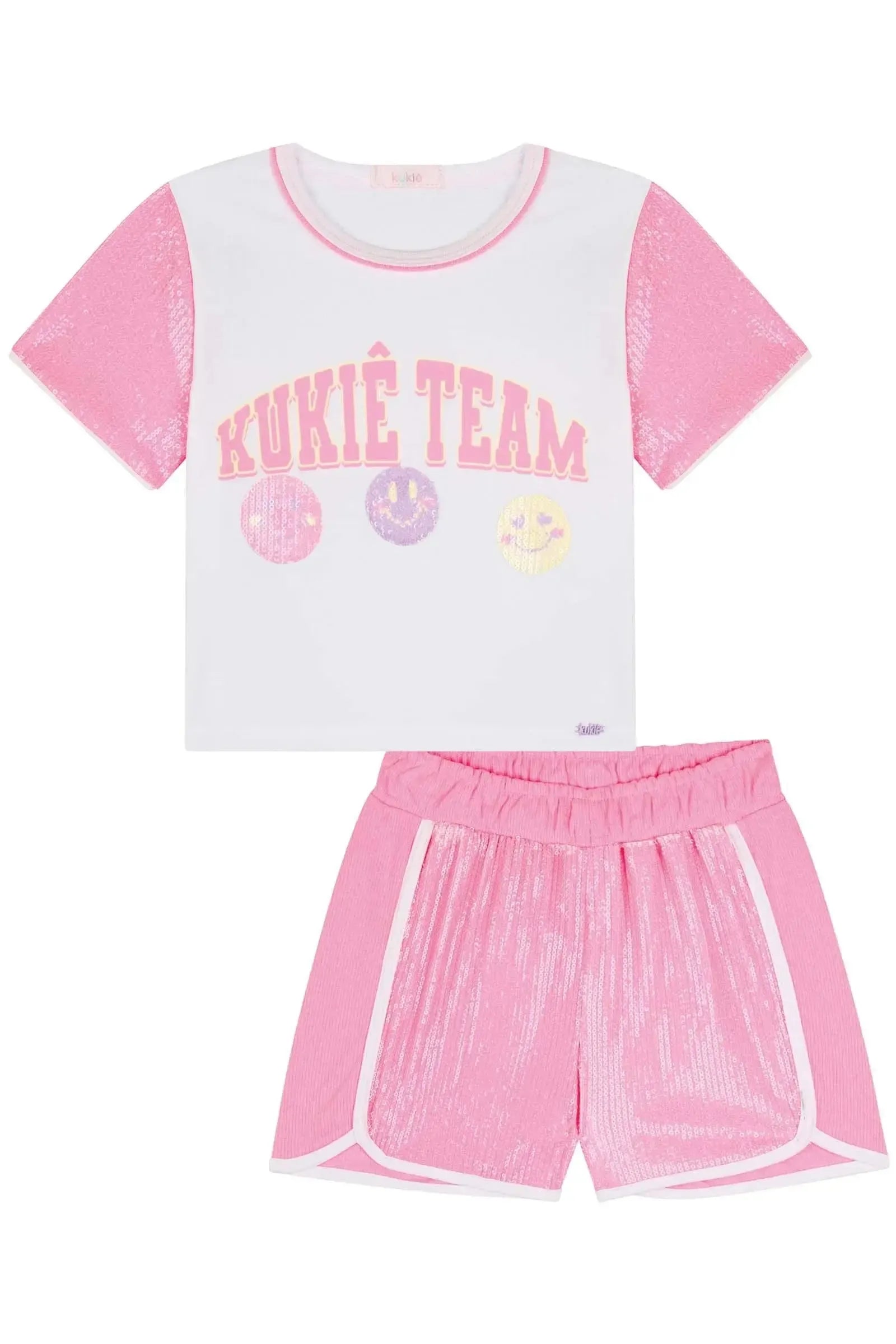 Conjunto de Blusa Boxy Over em Meia Malha e Paetê e Shorts em Canelado Liz e Paetê 85782 Kukiê Infantil Menina