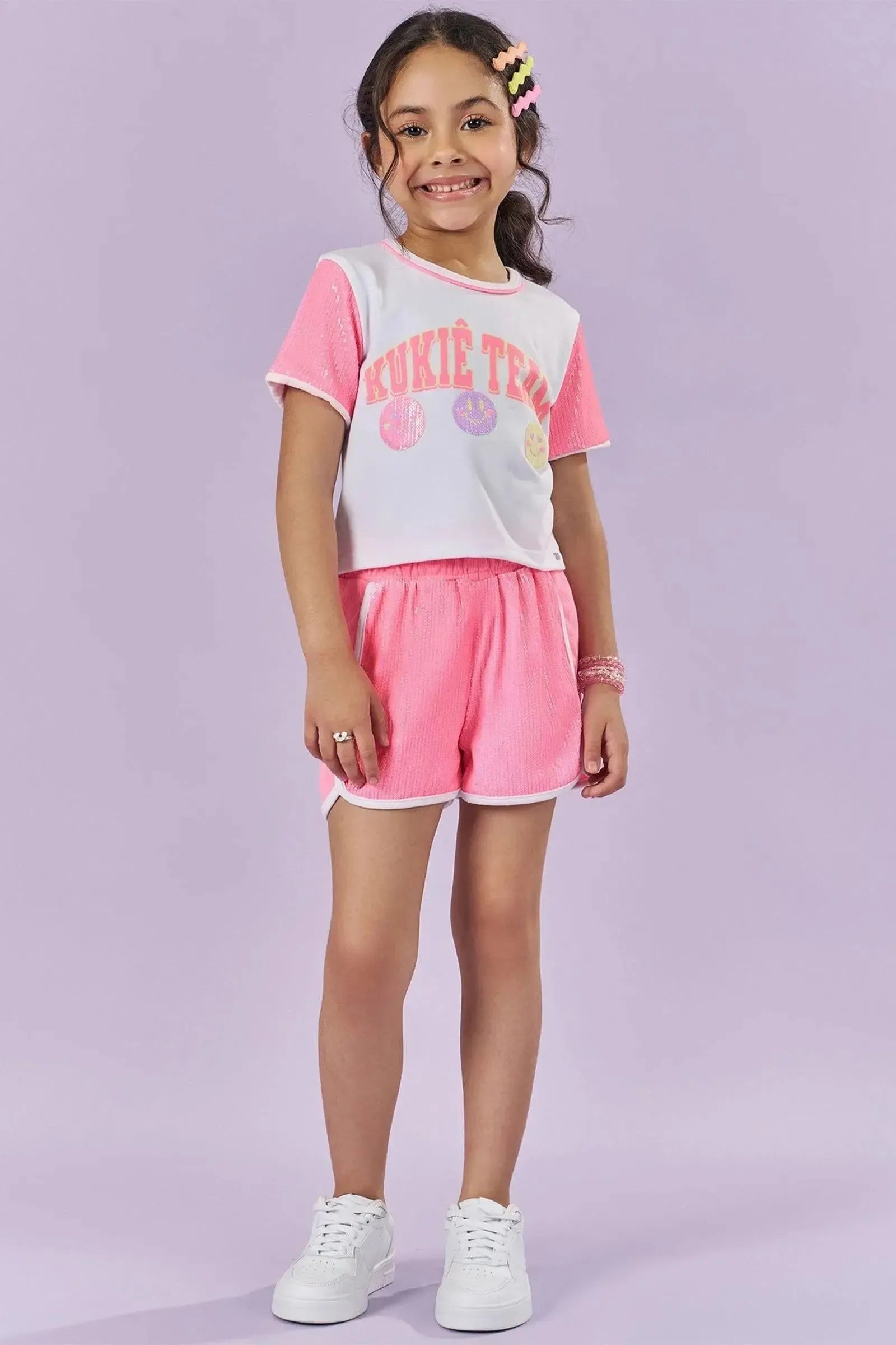 Conjunto de Blusa Boxy Over em Meia Malha e Paetê e Shorts em Canelado Liz e Paetê 85782 Kukiê Infantil Menina