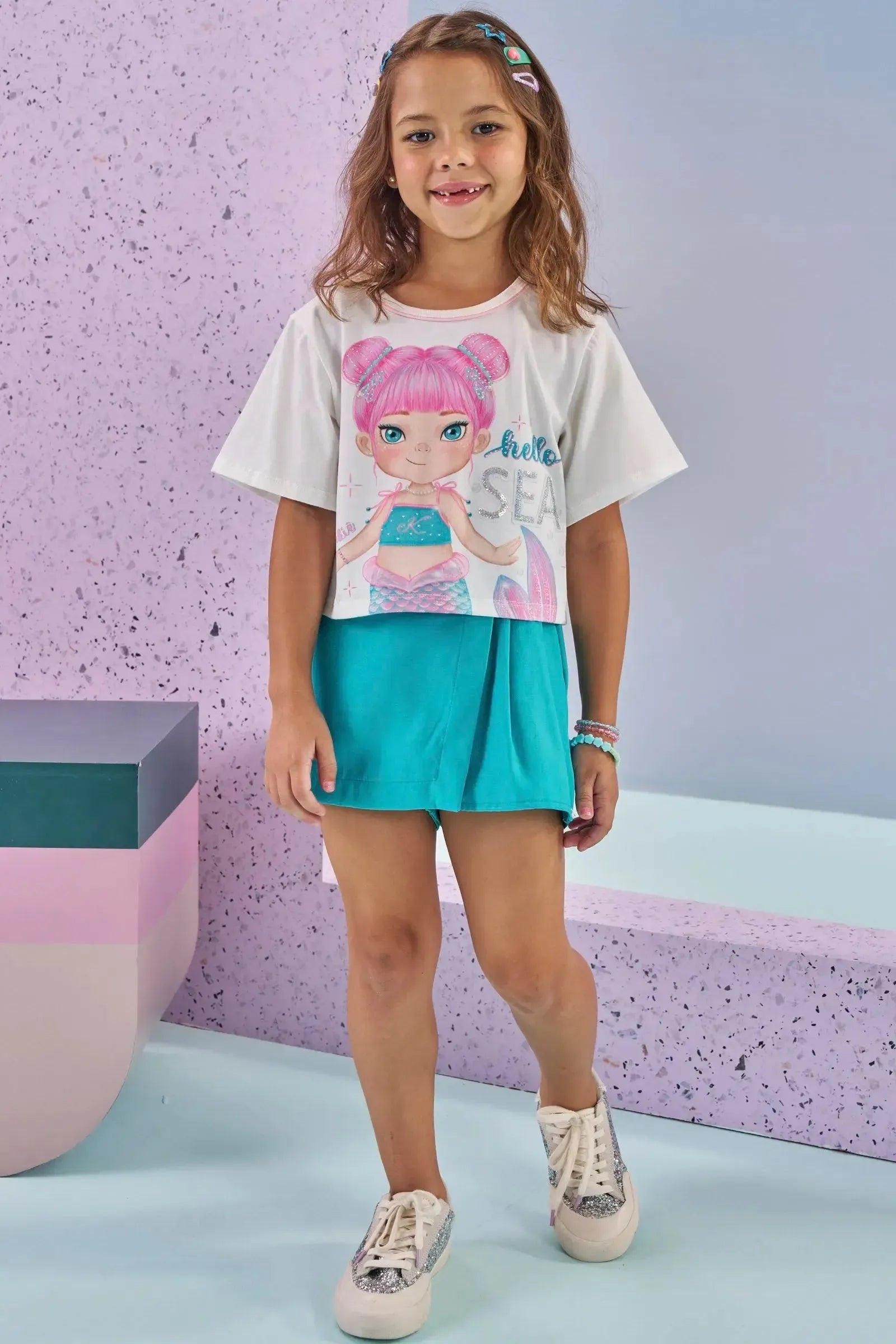 Conjunto de Blusa Boxy Over em Meia Malha e Short Saia em Blend de Viscose 88341 Kukiê Infantil Menina