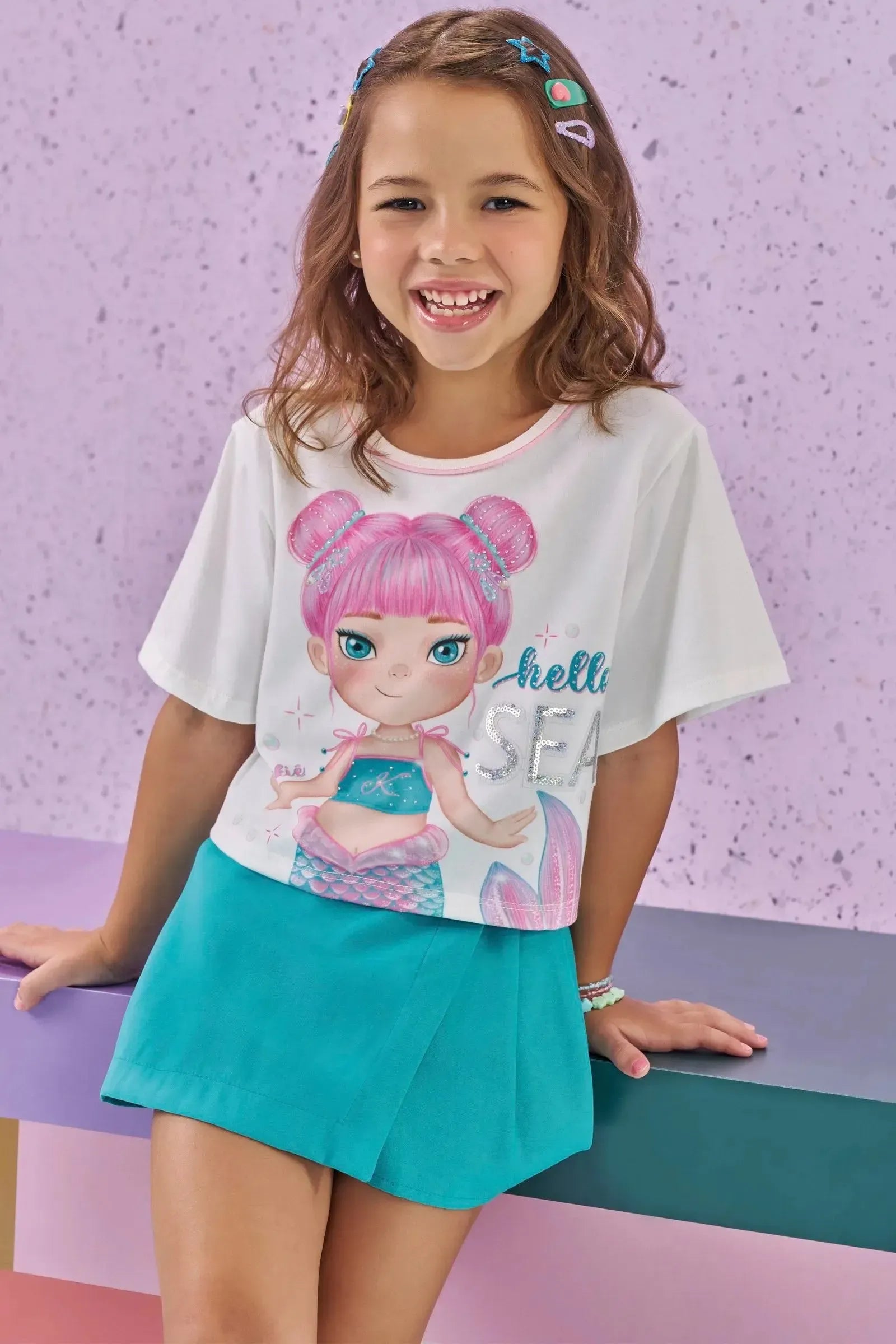 Conjunto de Blusa Boxy Over em Meia Malha e Short Saia em Blend de Viscose 88341 Kukiê Infantil Menina