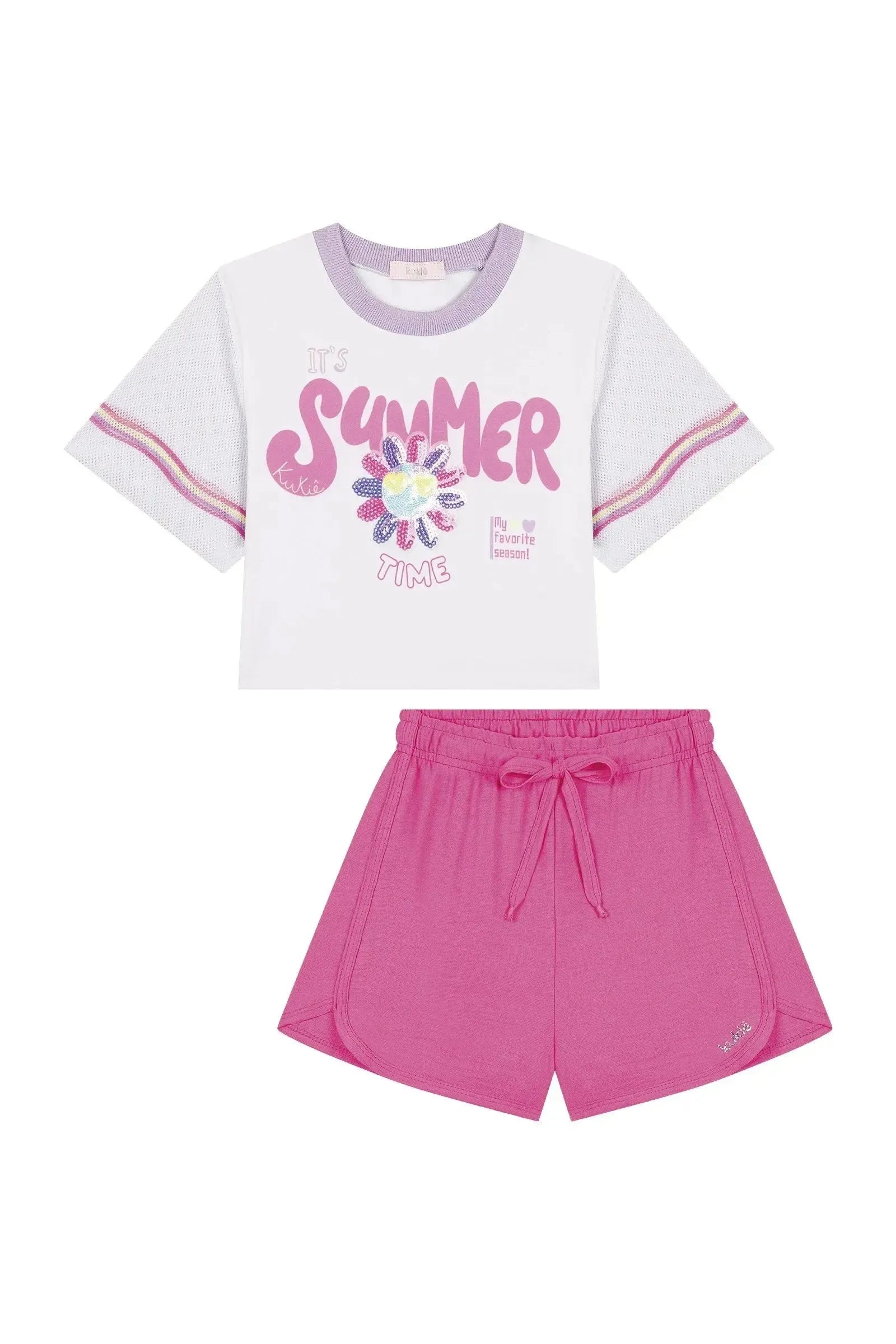 Conjunto de Blusa Boxy Over em Meia Malha e Shorts em Air Flow 88086 Kukiê Infantil Menina