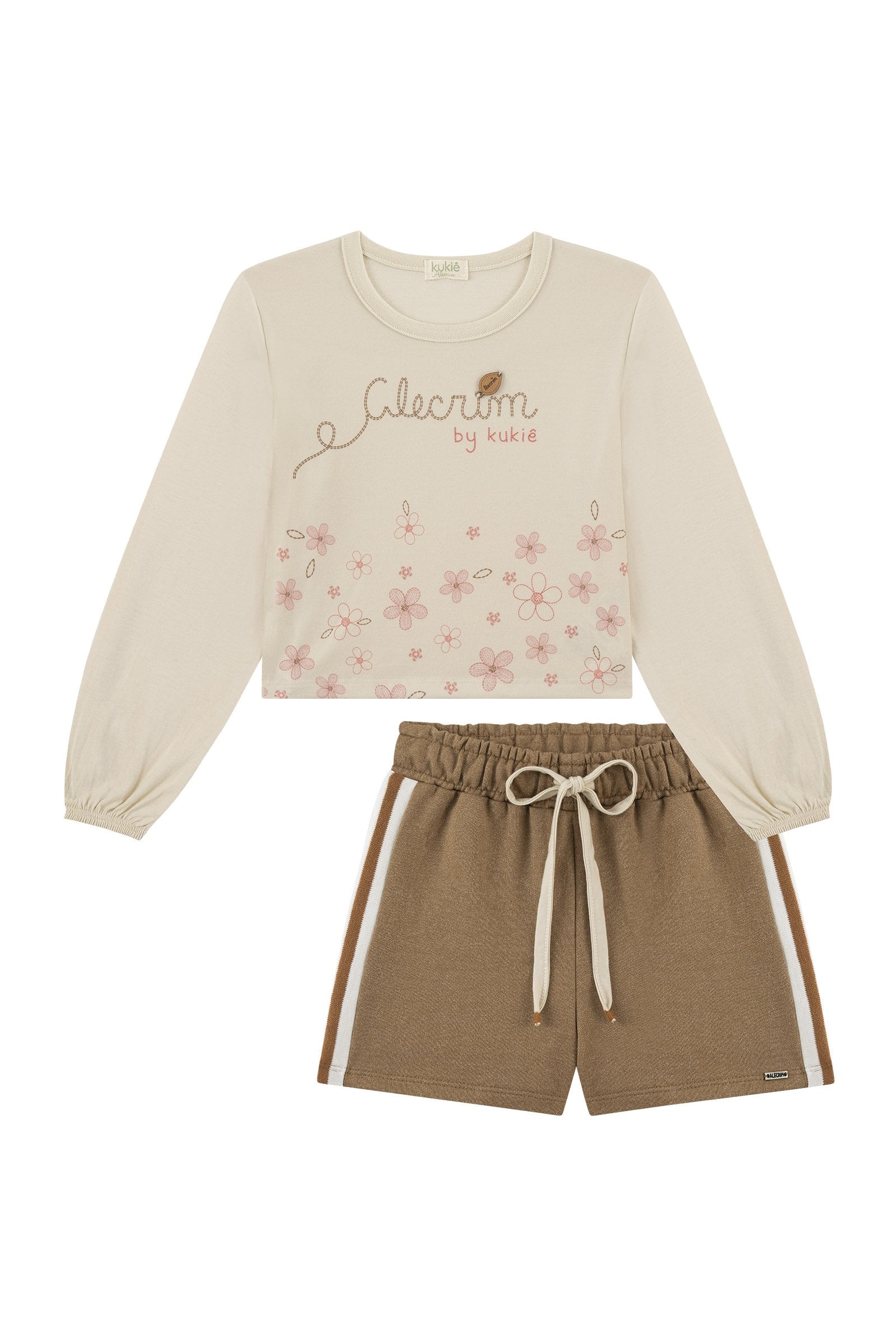 Conjunto de Blusa Boxy Over em Meia Malha e Shorts em Moletom Rajado sem Pelúcia 89592 Kukiê Infantil Menina
